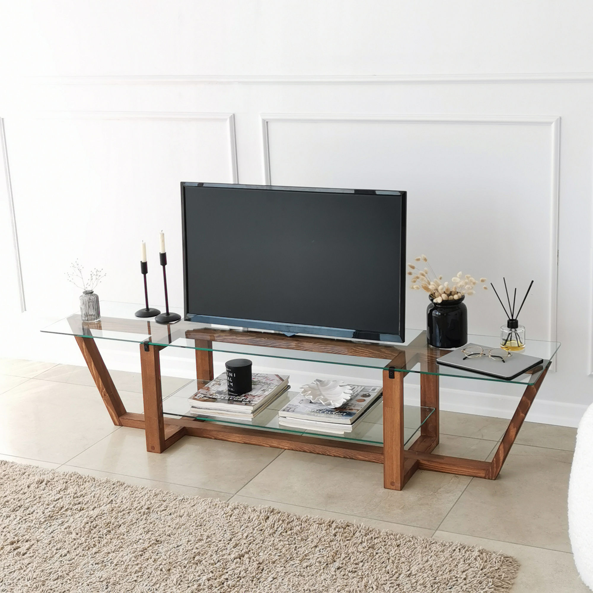 Suport tv, Hanah Home, sticla securizata, nuc, 158x35x35 cm — imaginea 6