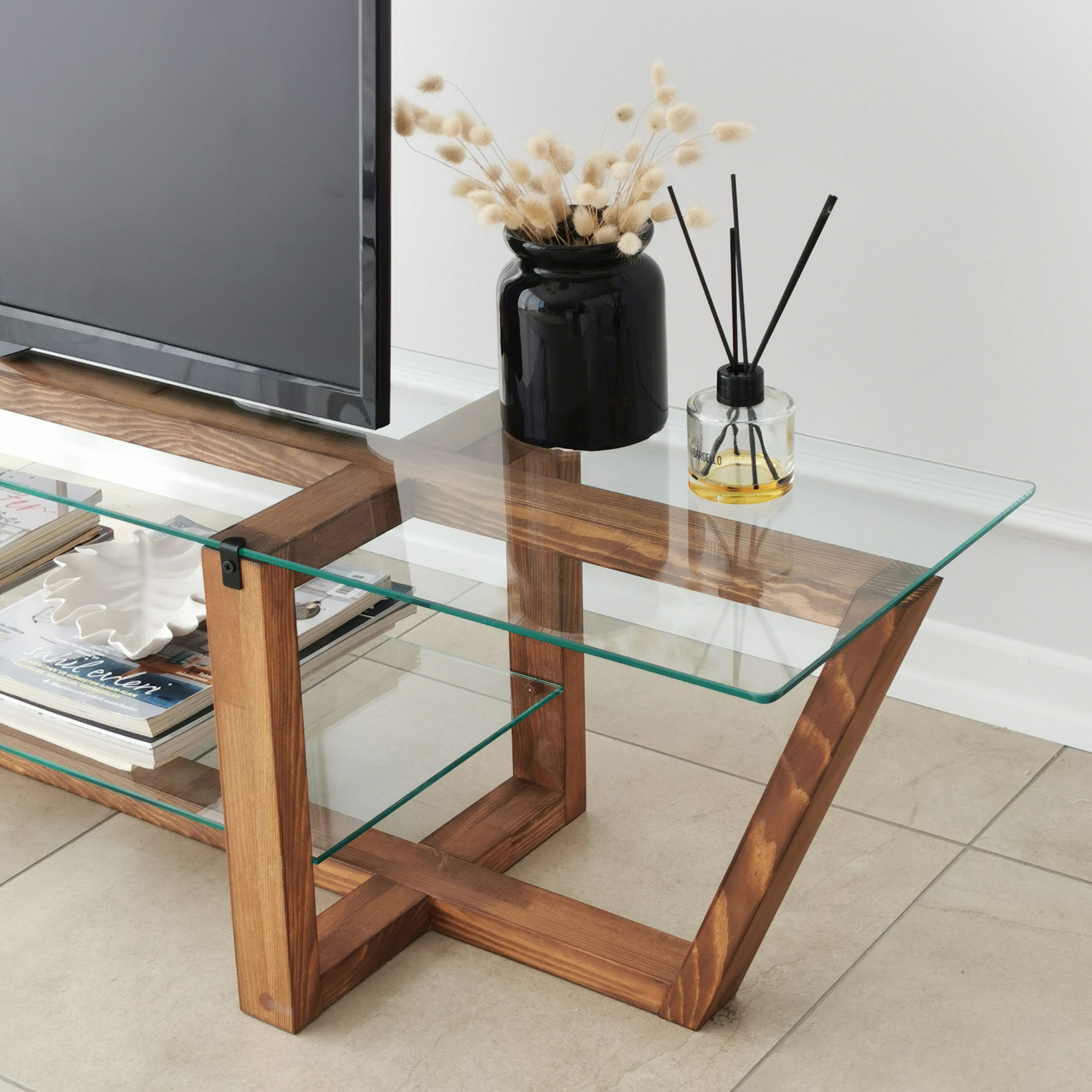 Suport tv, Hanah Home, sticla securizata, nuc, 158x35x35 cm — imaginea 7