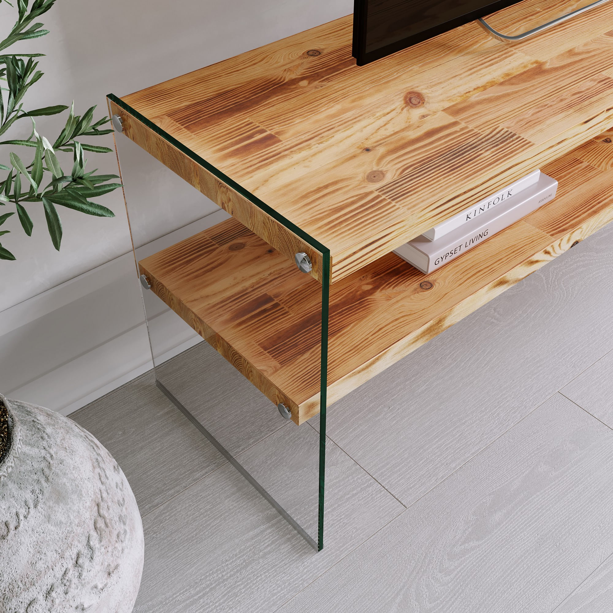 Comoda tv, Hanah Home, lemn masiv de pin, stejar, 120x45x35 cm — imaginea 2