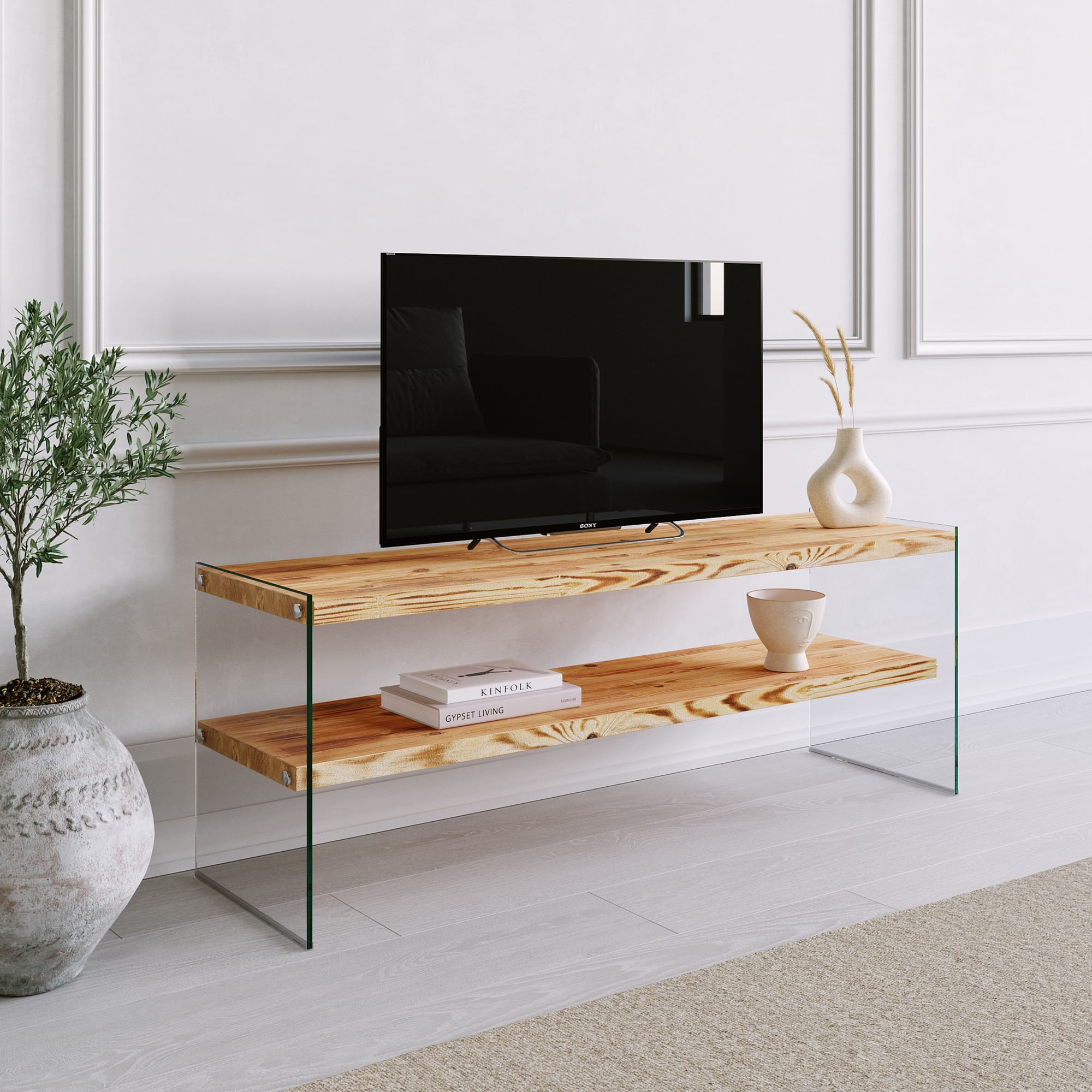 Comoda tv, Hanah Home, lemn masiv de pin, stejar, 120x45x35 cm — imaginea 3
