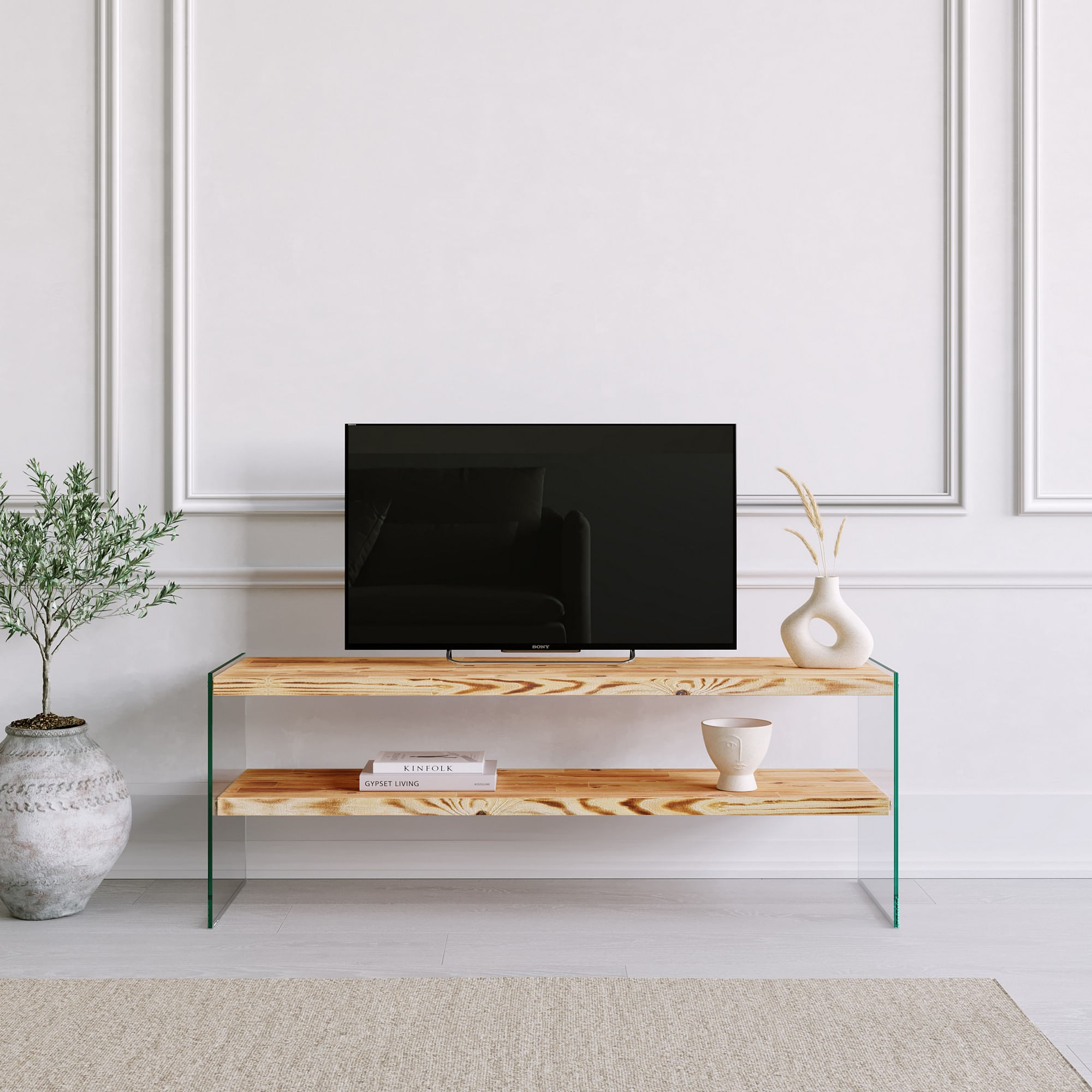 Comoda tv, Hanah Home, lemn masiv de pin, stejar, 120x45x35 cm — imaginea 4
