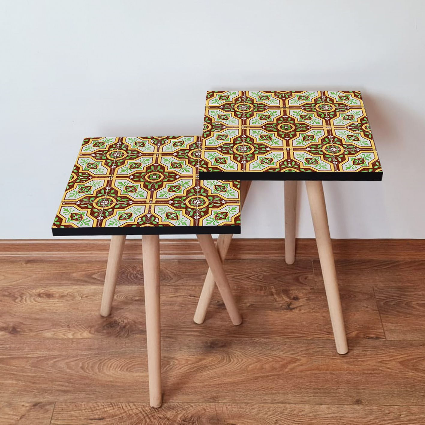 Set masute de cafea, Hanah Home, mdf, maro verde galben alb, 35x47x35 cm, 35x42x35 cm