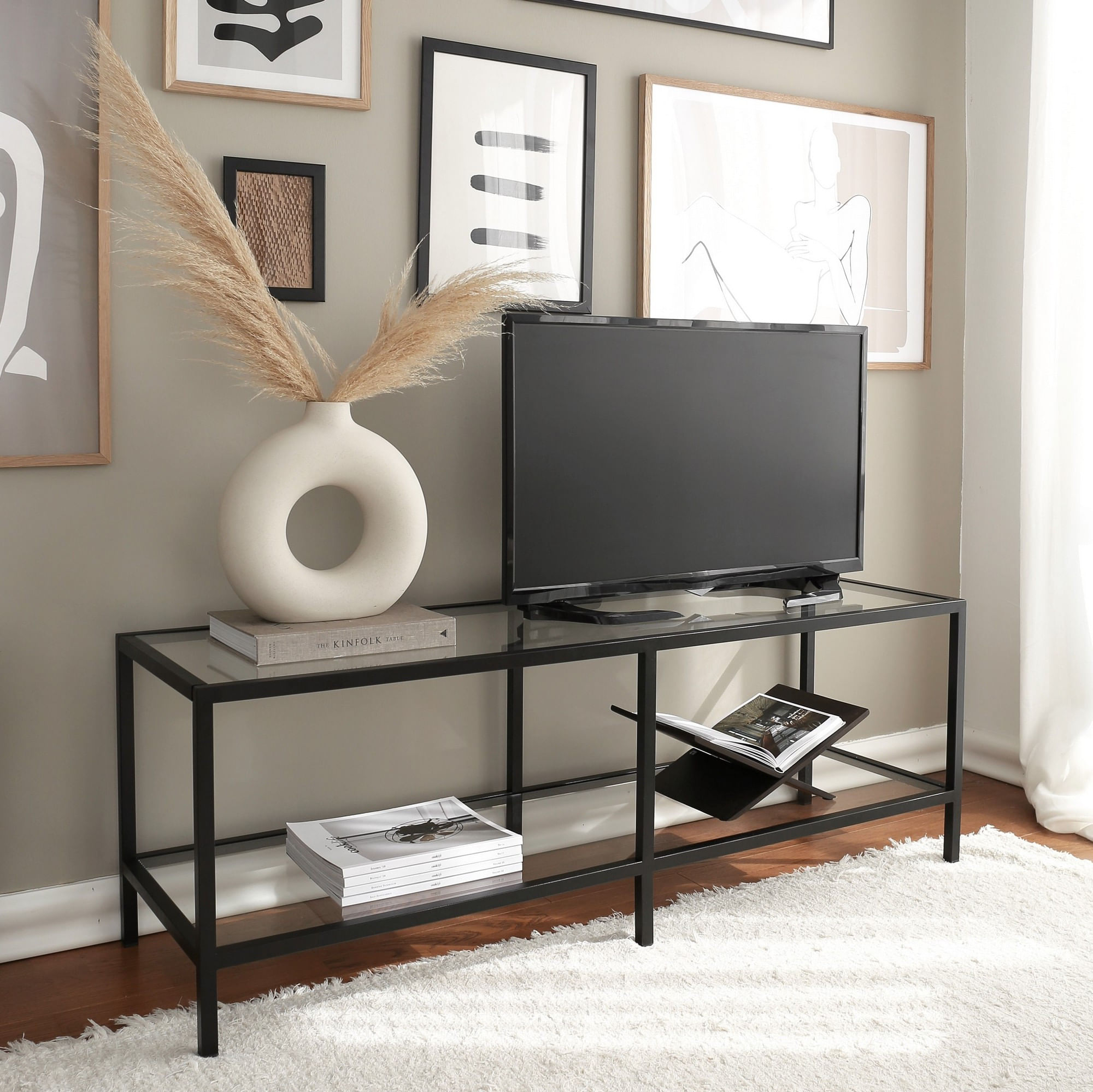 Comoda tv, Hanah Home, sticla securizata, metal, negru mat, 130x45x40 cm — imaginea 2