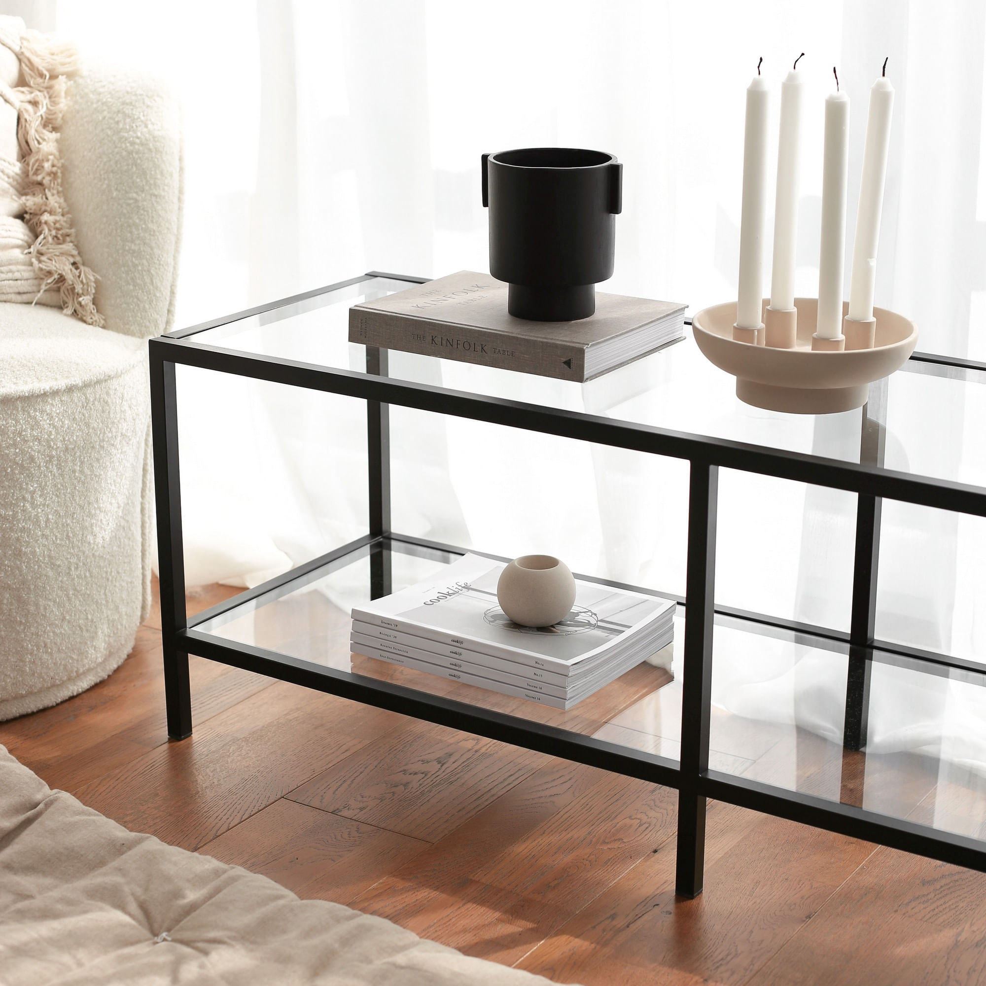 Comoda tv, Hanah Home, sticla securizata, metal, negru mat, 130x45x40 cm — imaginea 4