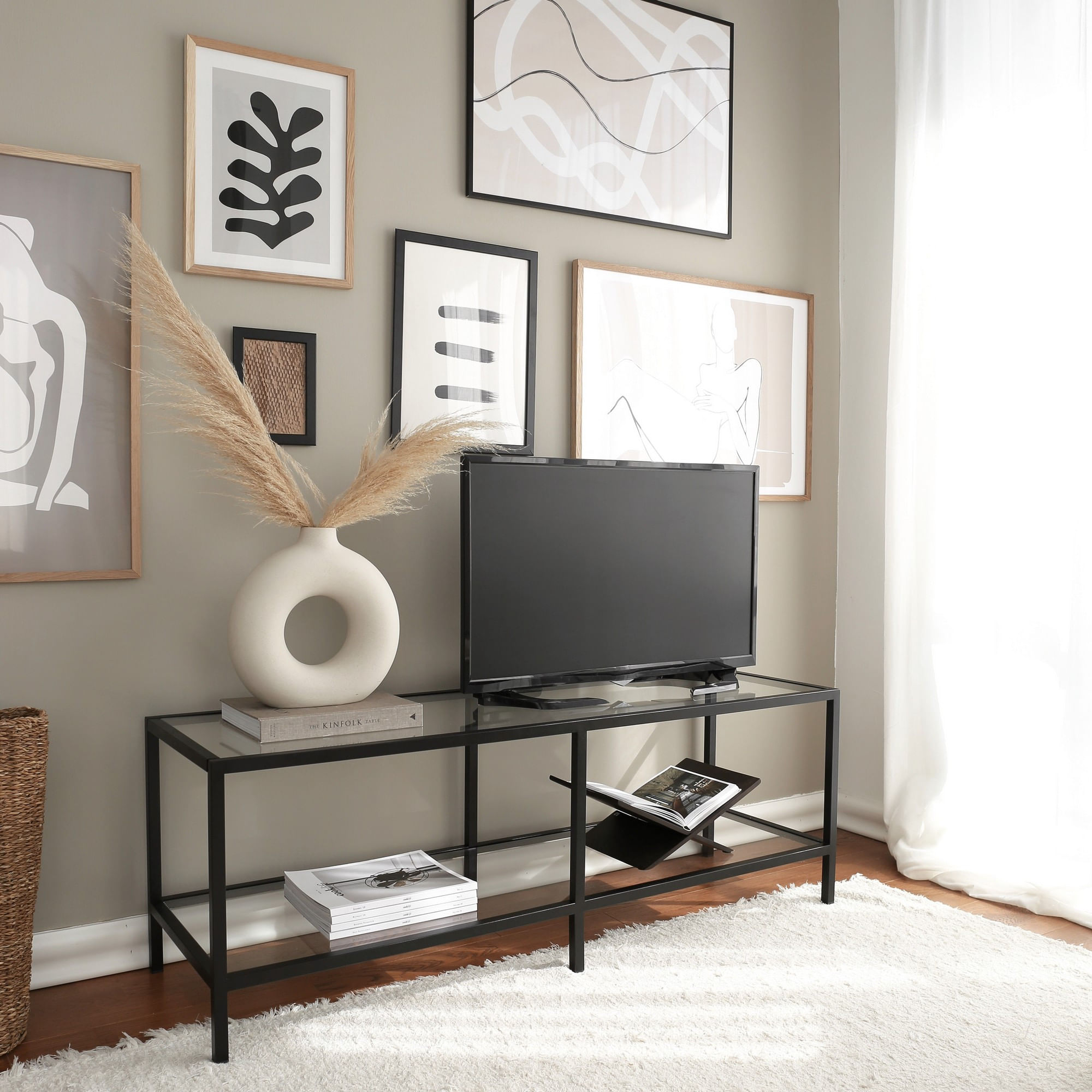 Comoda tv, Hanah Home, sticla securizata, metal, negru mat, 130x45x40 cm — imaginea 5