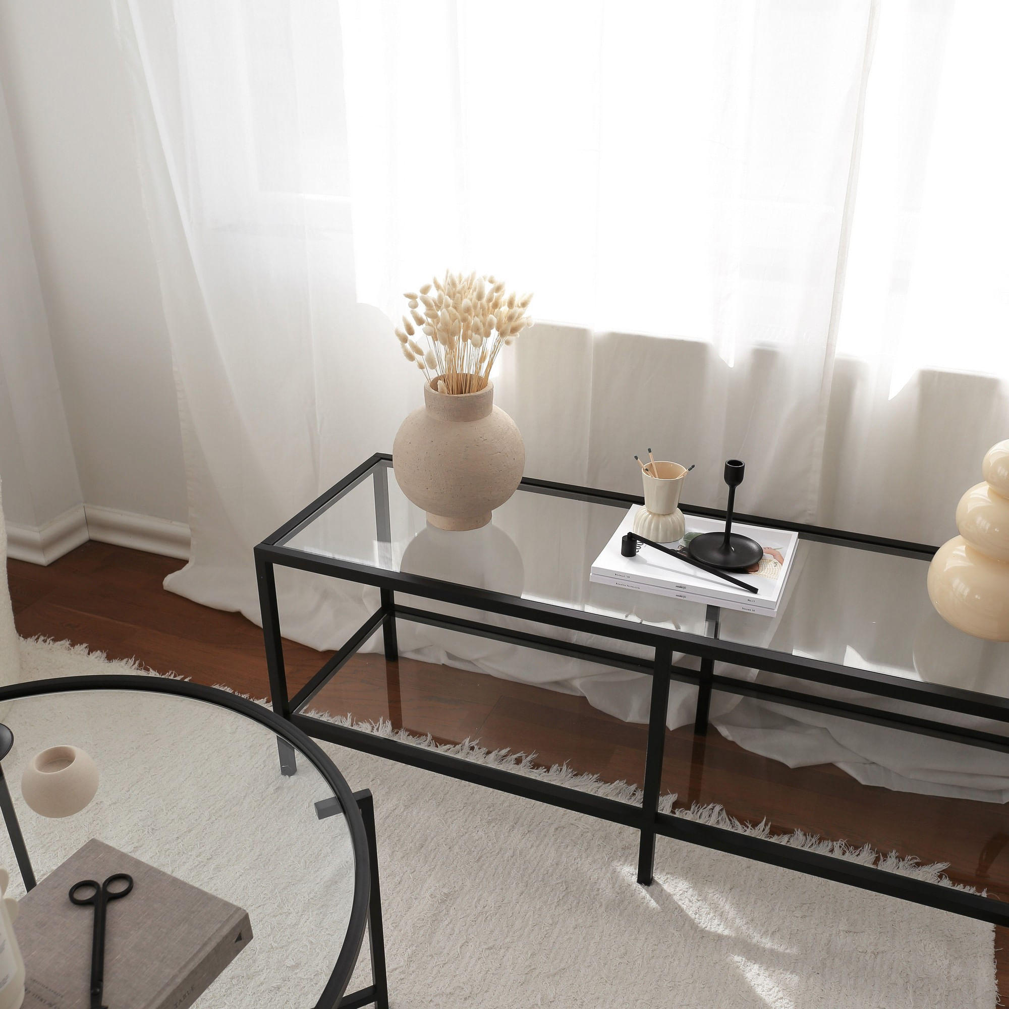 Comoda tv, Hanah Home, sticla securizata, metal, negru mat, 130x45x40 cm — imaginea 6