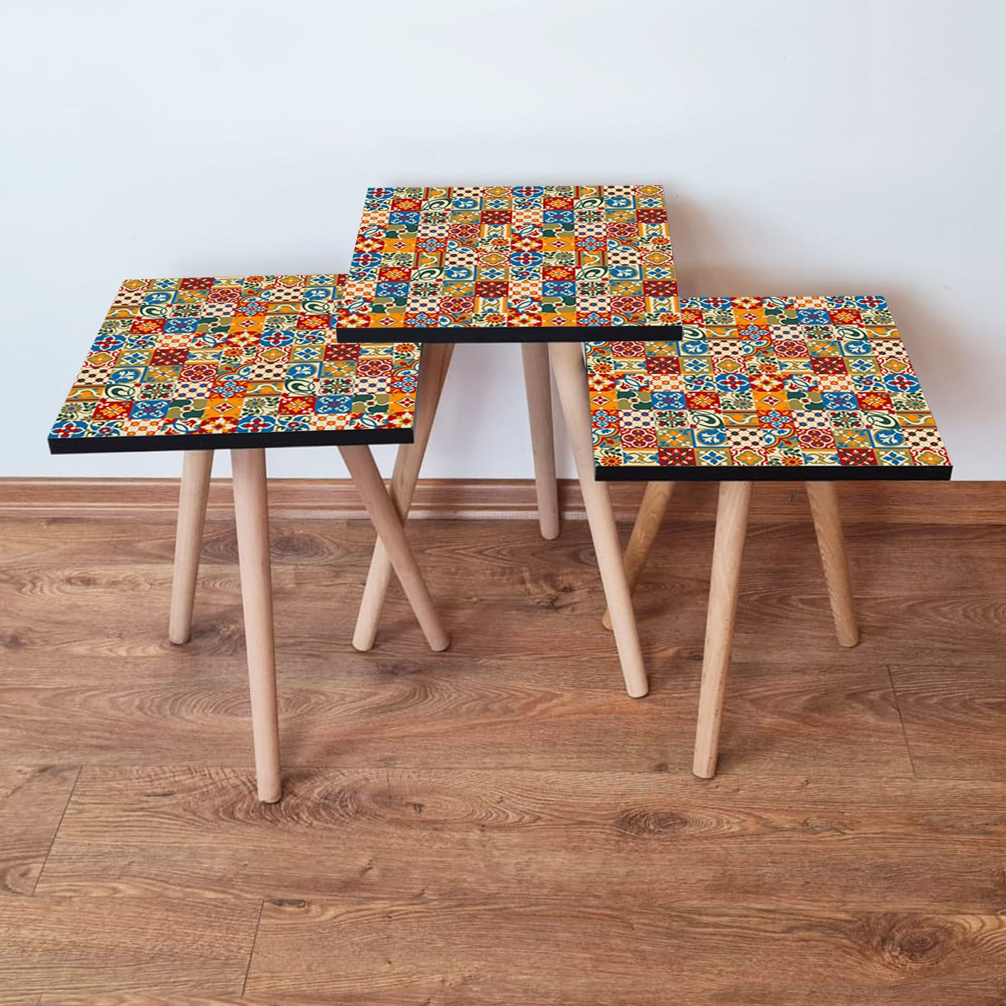 Set masute de cafea, Hanah Home, mdf, multicolor, picioare lemn fag