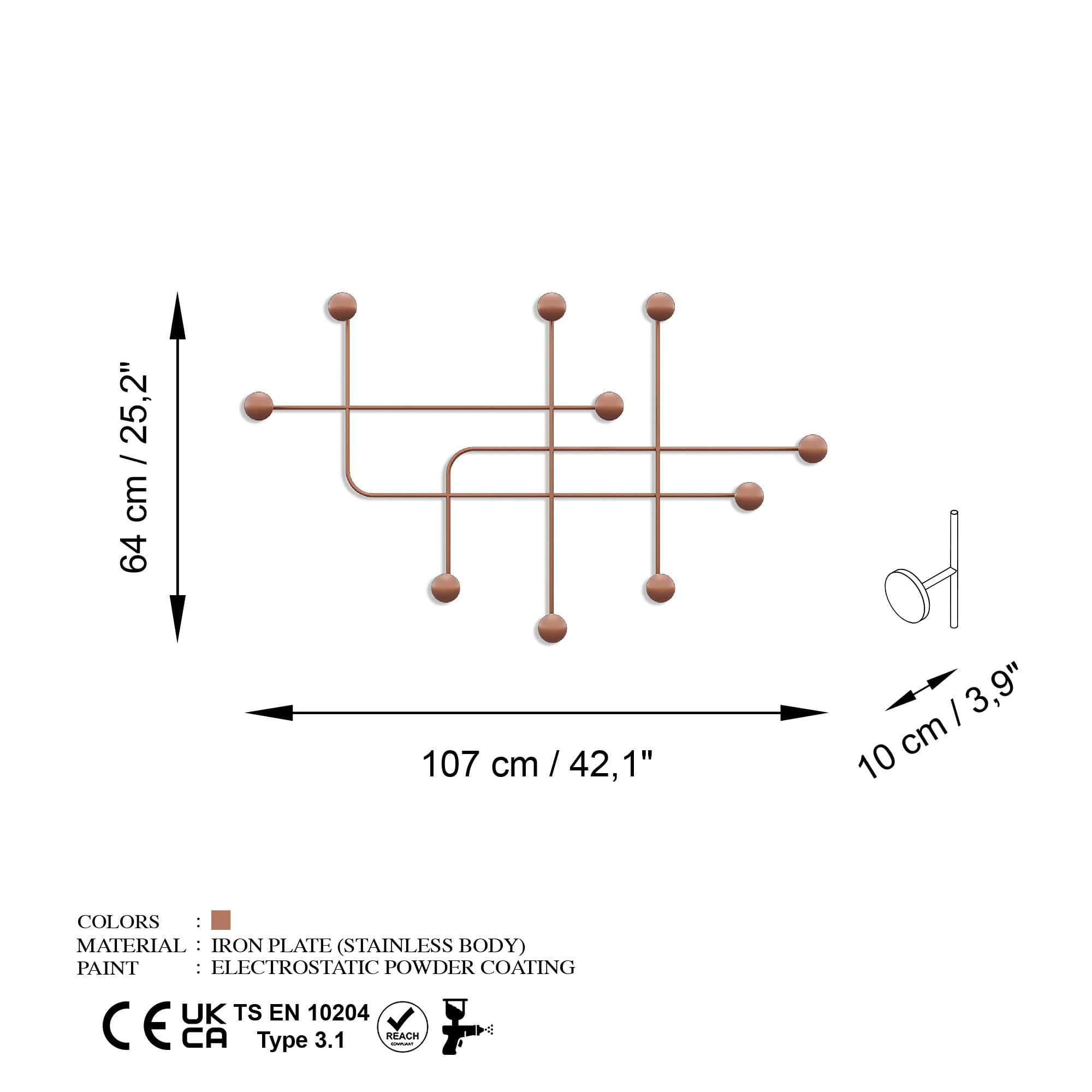 Cuiere de perete, Wallxpert, metal, cupru, 107x64x10 cm — imaginea 3