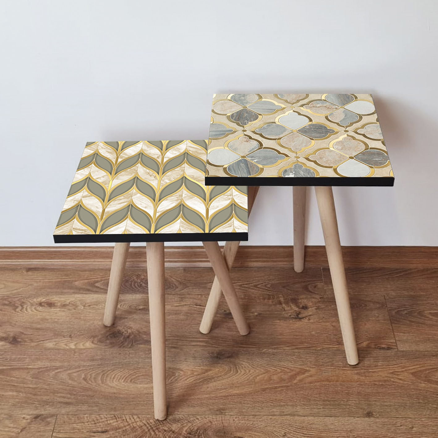 Set masute cuib, Hanah Home, mdf, alb si auriu, 35x35x47 cm, picioare lemn de fag