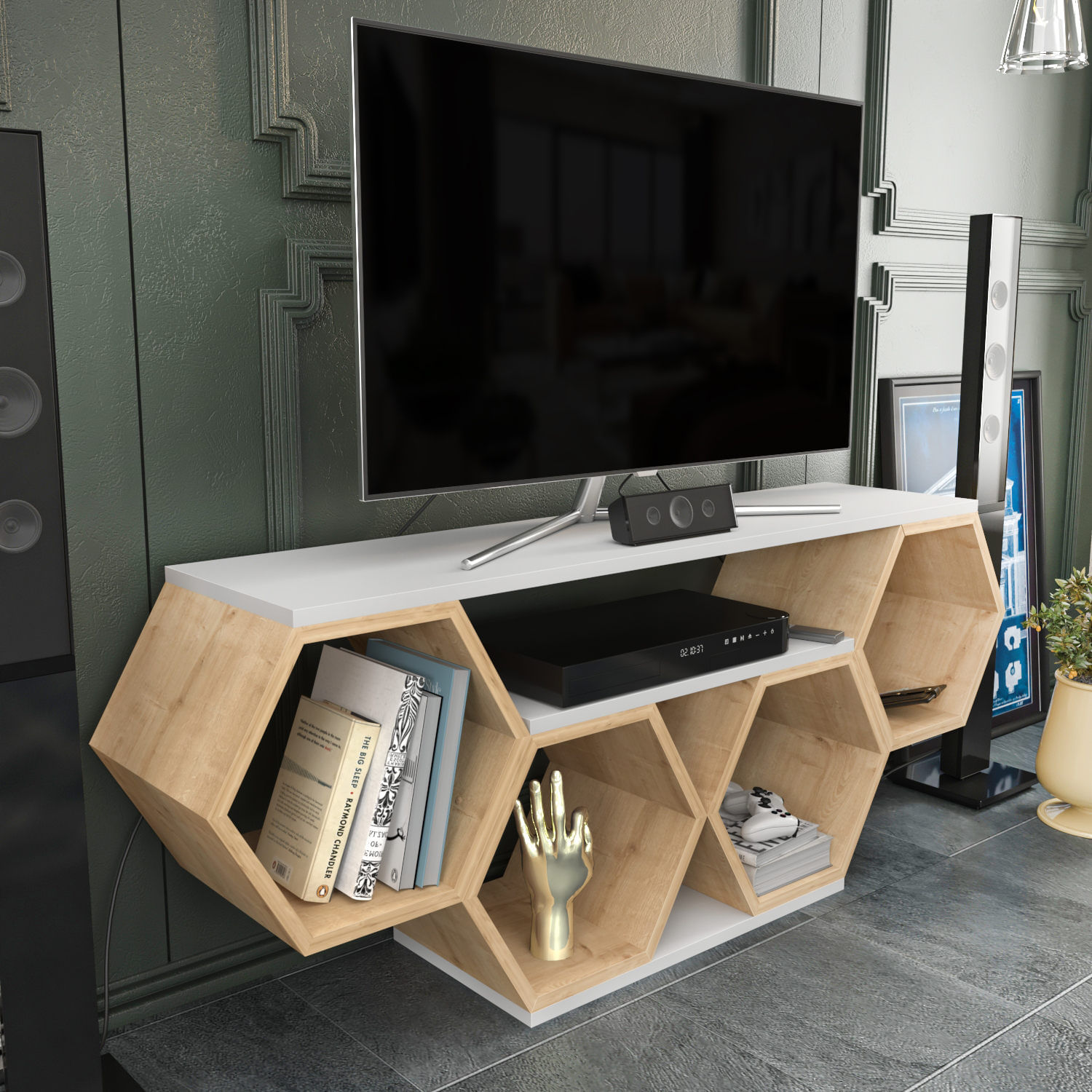 Comoda tv, Hanah Home, pal melaminat, alb si sonoma, 140x29.6x55.5 cm — imaginea 2