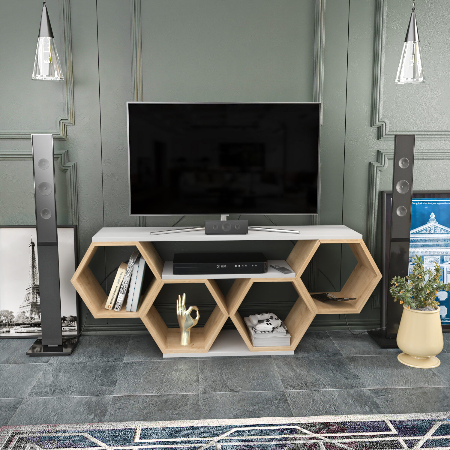 Comoda tv, Hanah Home, pal melaminat, alb si sonoma, 140x29.6x55.5 cm — imaginea 5