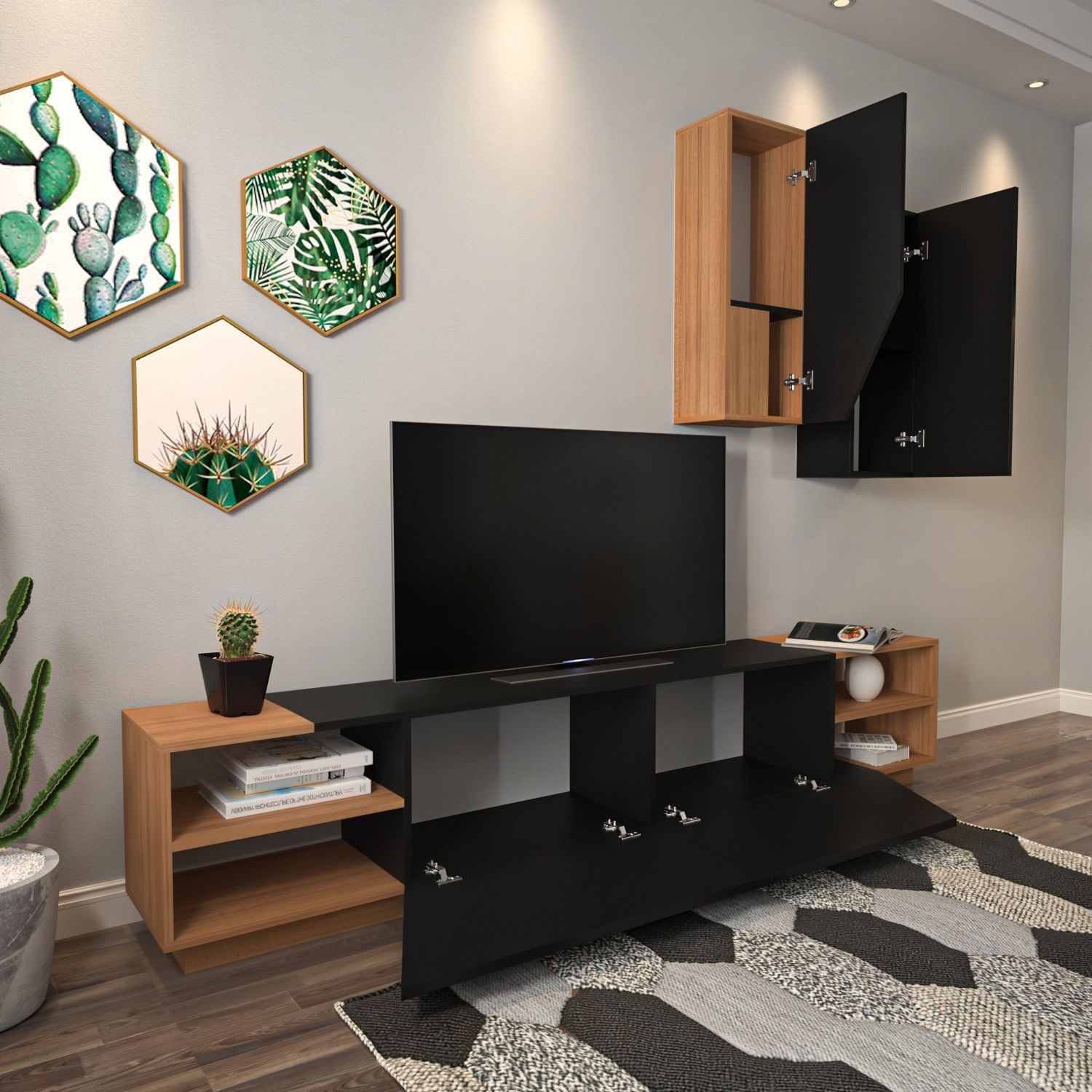 Corp tv, Hanah Home, pal melaminat, negru si tec, 240x47x37.5 cm — imaginea 3