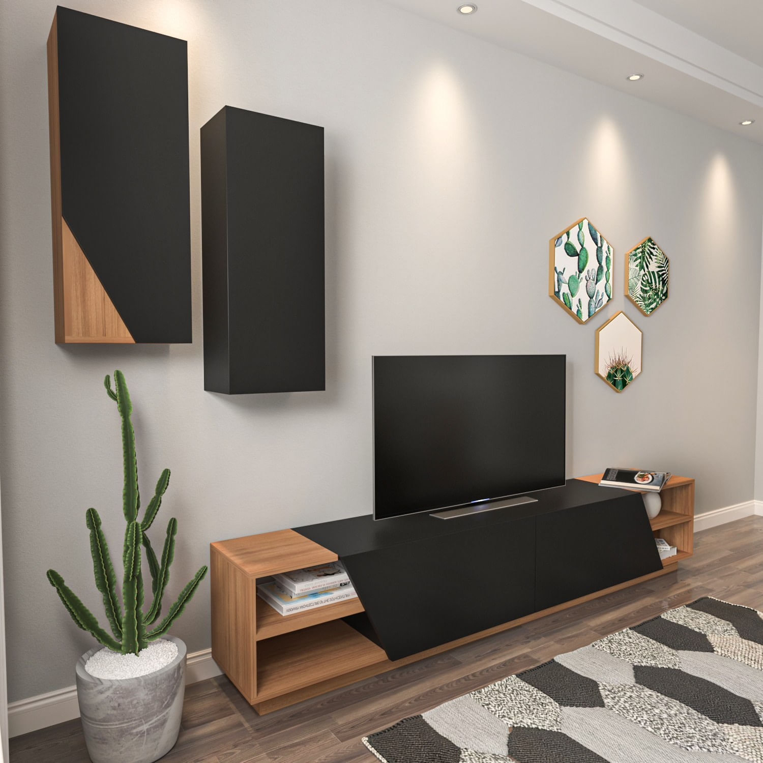 Corp tv, Hanah Home, pal melaminat, negru si tec, 240x47x37.5 cm — imaginea 4