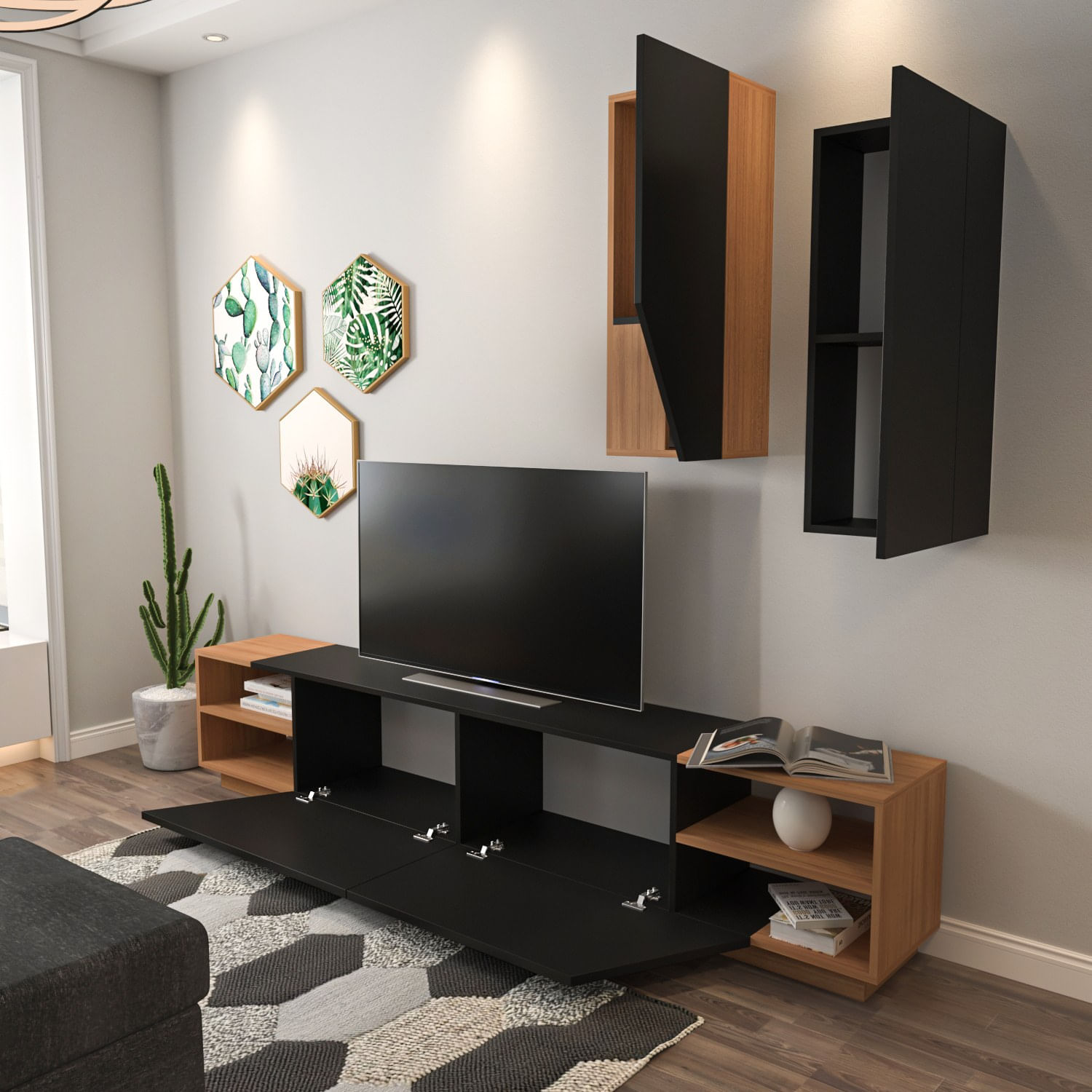 Corp tv, Hanah Home, pal melaminat, negru si tec, 240x47x37.5 cm — imaginea 6