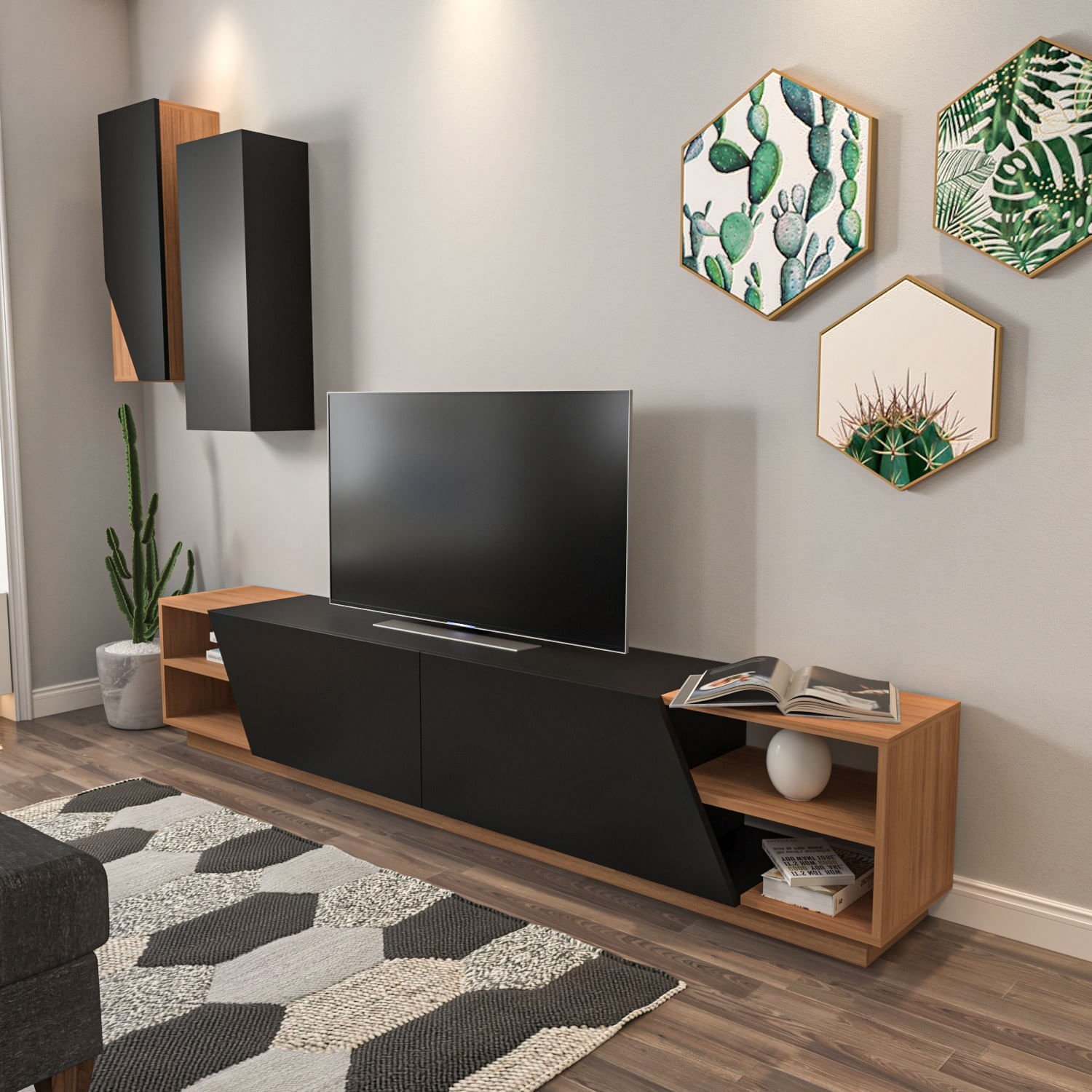 Corp tv, Hanah Home, pal melaminat, negru si tec, 240x47x37.5 cm — imaginea 7