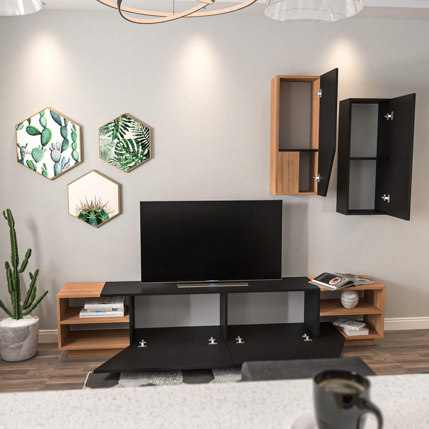 Corp tv, Hanah Home, pal melaminat, negru si tec, 240x47x37.5 cm — imaginea 8