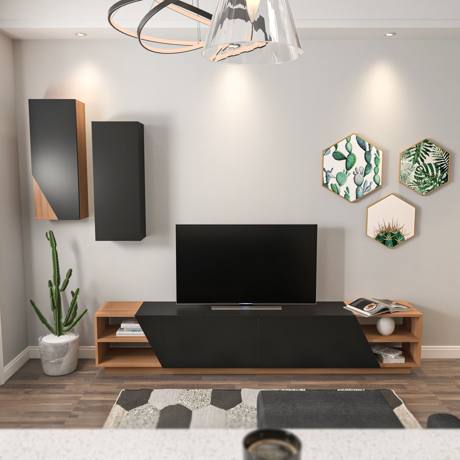 Corp tv, Hanah Home, pal melaminat, negru si tec, 240x47x37.5 cm — imaginea 9