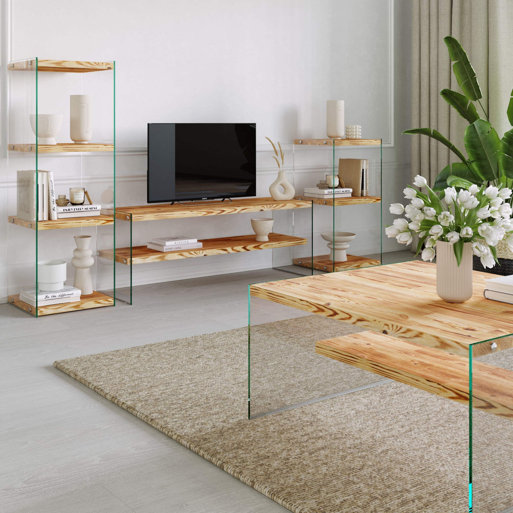 Biblioteca, Hanah Home, lemn masiv de pin, stejar, 40x35x120 cm