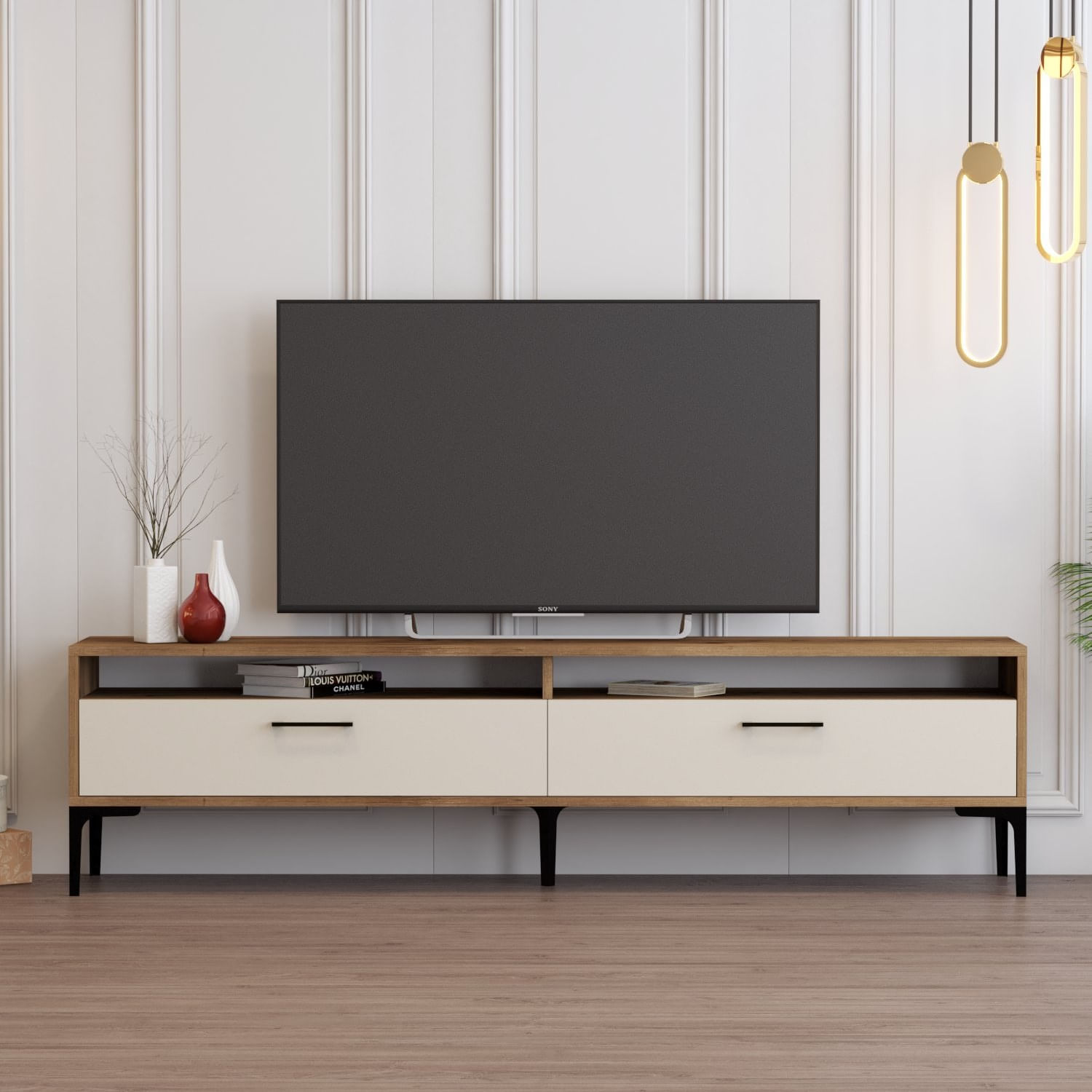Comoda tv, Hanah Home, pal melaminat, nuc si crem, 180x47x35 cm, 845HCT5519 — imaginea 2