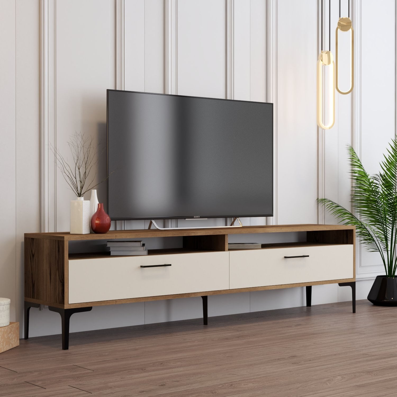 Comoda tv, Hanah Home, pal melaminat, nuc si crem, 180x47x35 cm, 845HCT5519 — imaginea 4