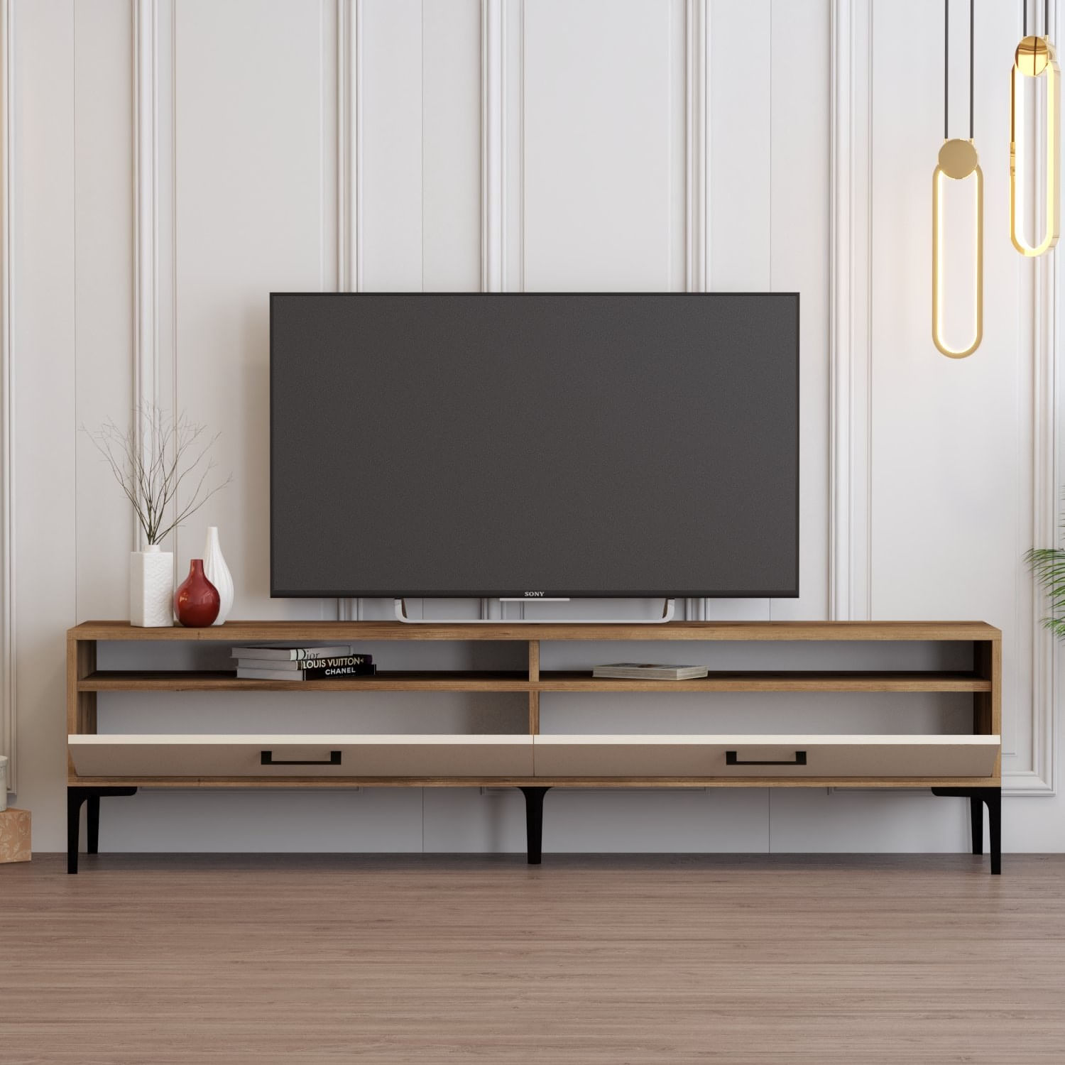 Comoda tv, Hanah Home, pal melaminat, nuc si crem, 180x47x35 cm, 845HCT5519 — imaginea 5