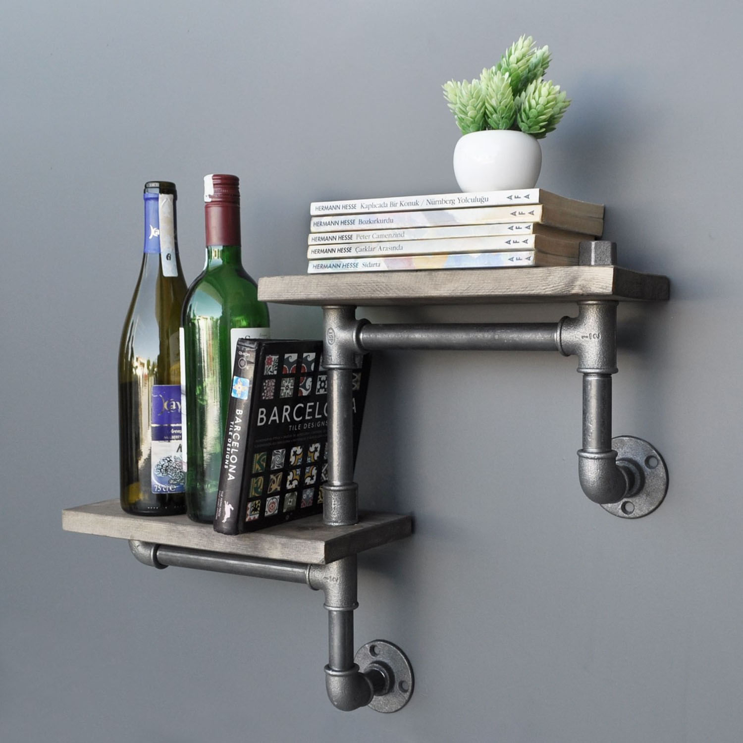Raft de perete, Hanah Home, lemn de molid si metal, nuc si negru, 55x30x14 cm — imaginea 3