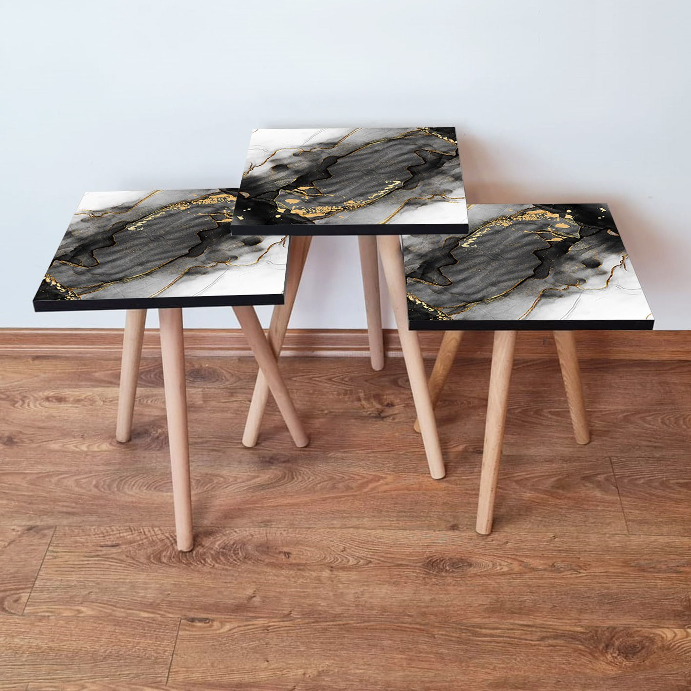 Set masute de cafea, Hanah Home, mdf, negru alb auriu, 35x35x52 cm, 481LNA3104