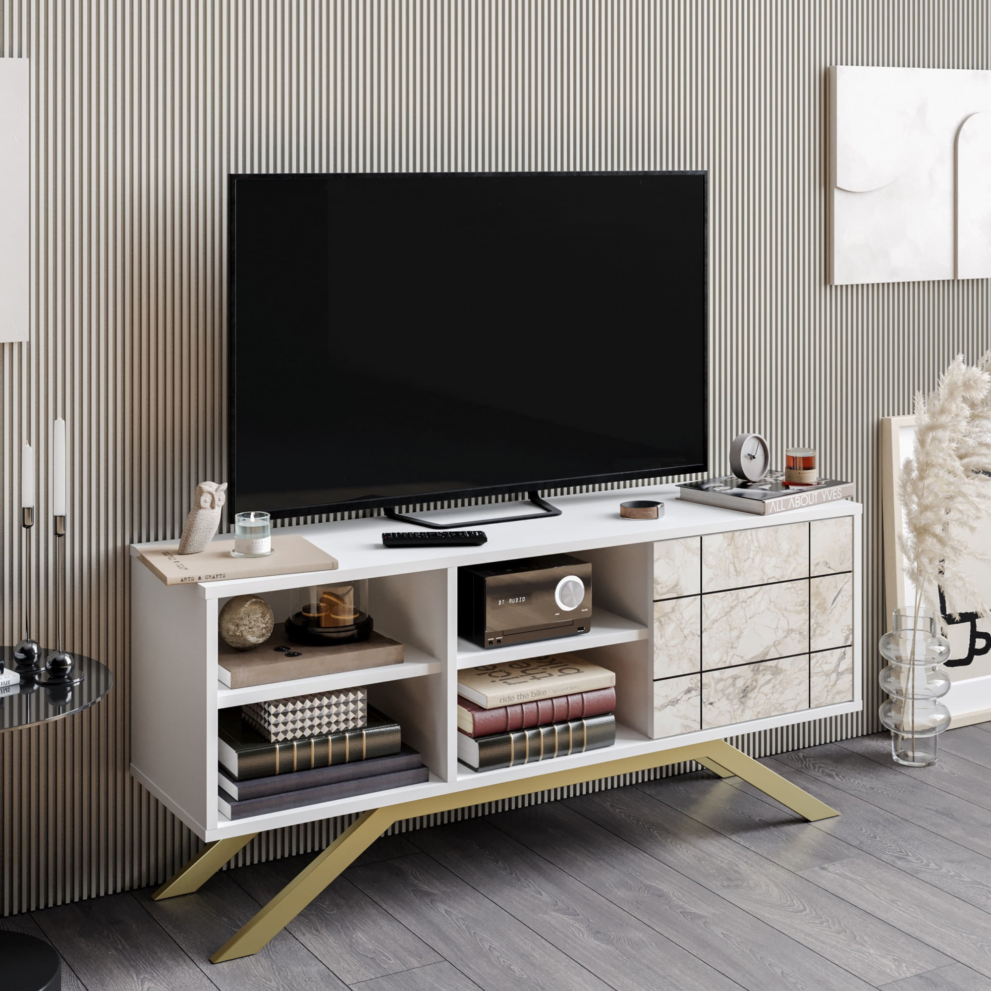 Comoda tv, Hanah Home, pal melaminat, alb auriu, 130x58.6x38.6 cm — imaginea 5