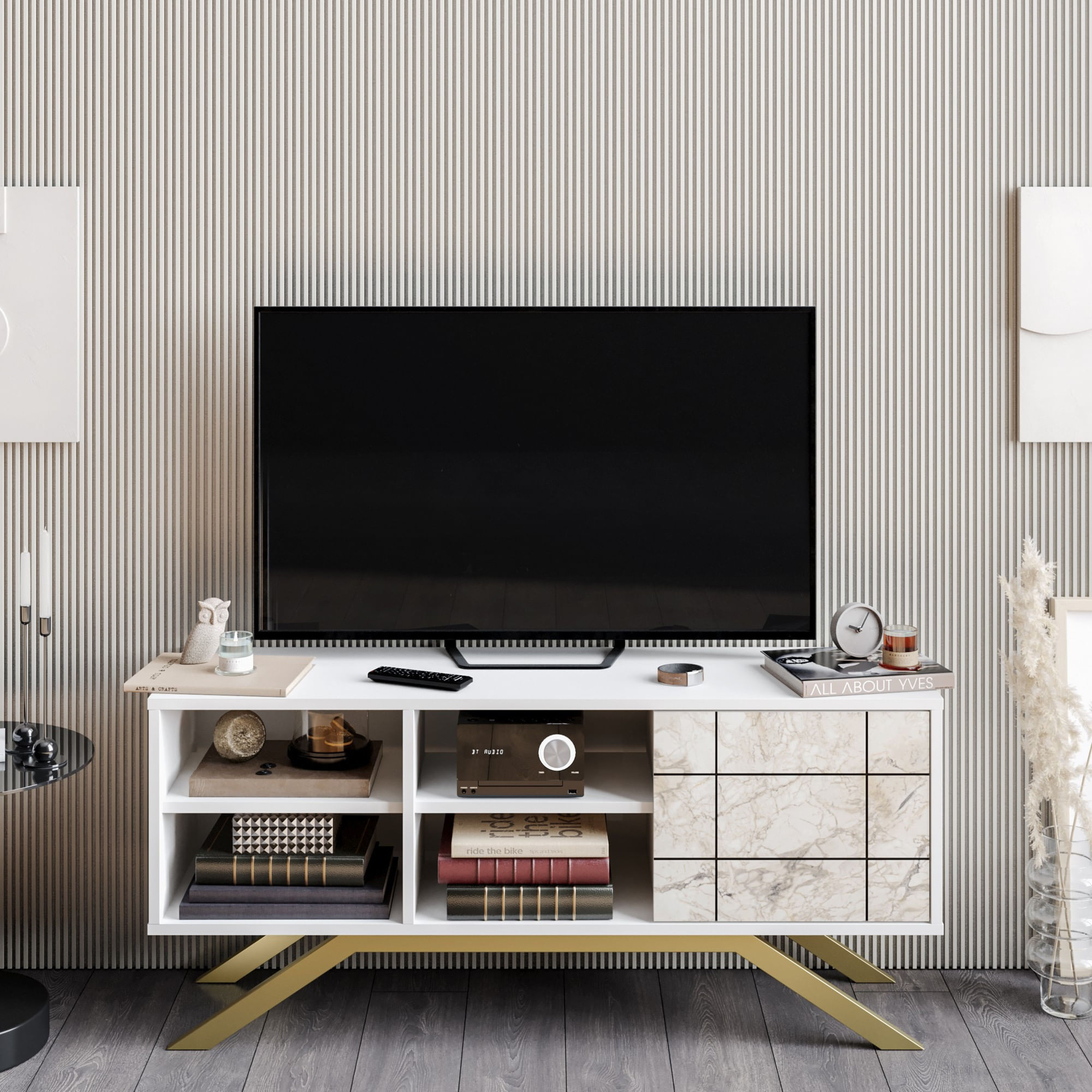Comoda tv, Hanah Home, pal melaminat, alb auriu, 130x58.6x38.6 cm — imaginea 6