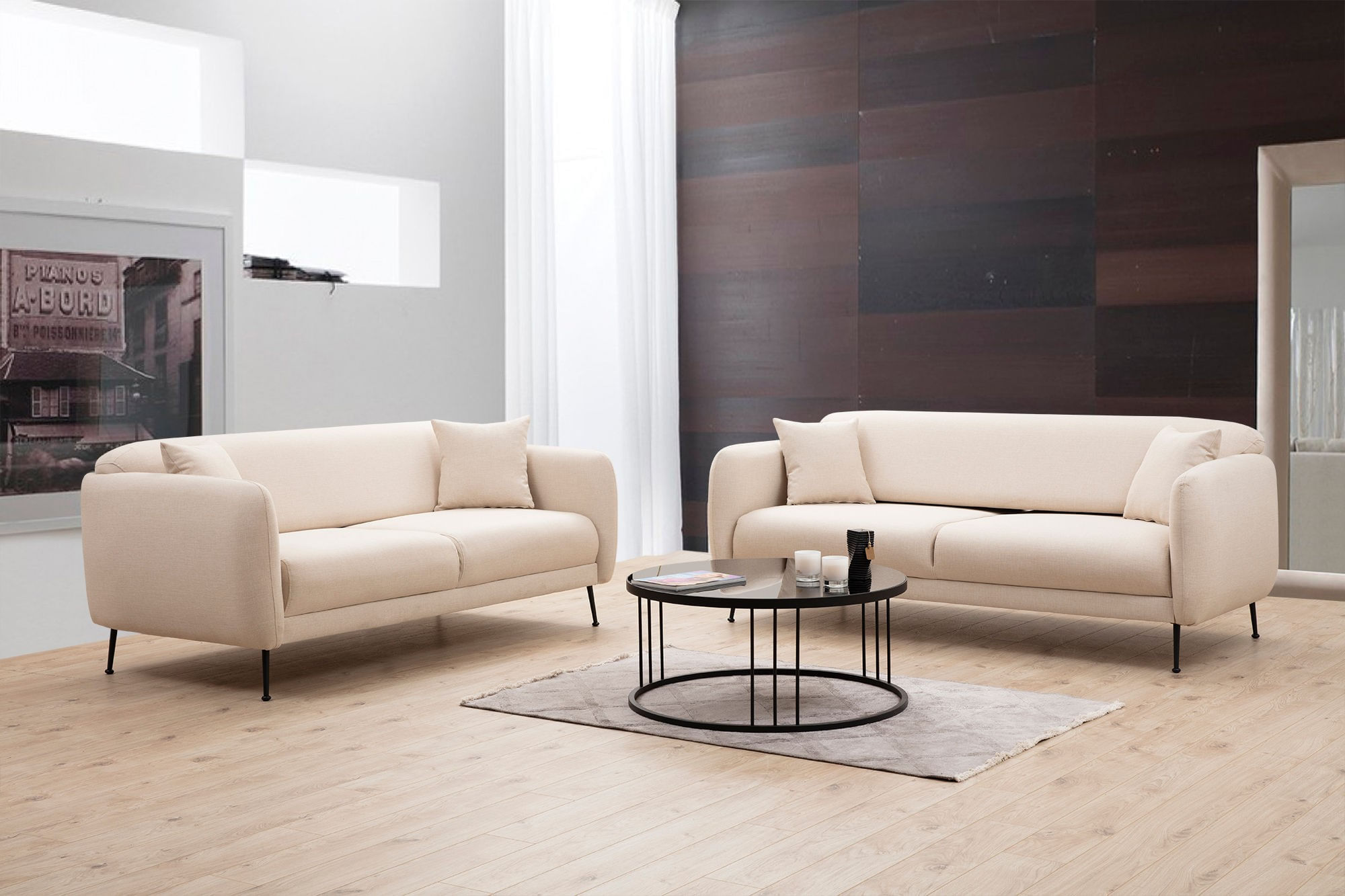 Canapea extensibila 3 locuri, Hanah Home, lemn fag si PAL, bej, 214x98x85 cm