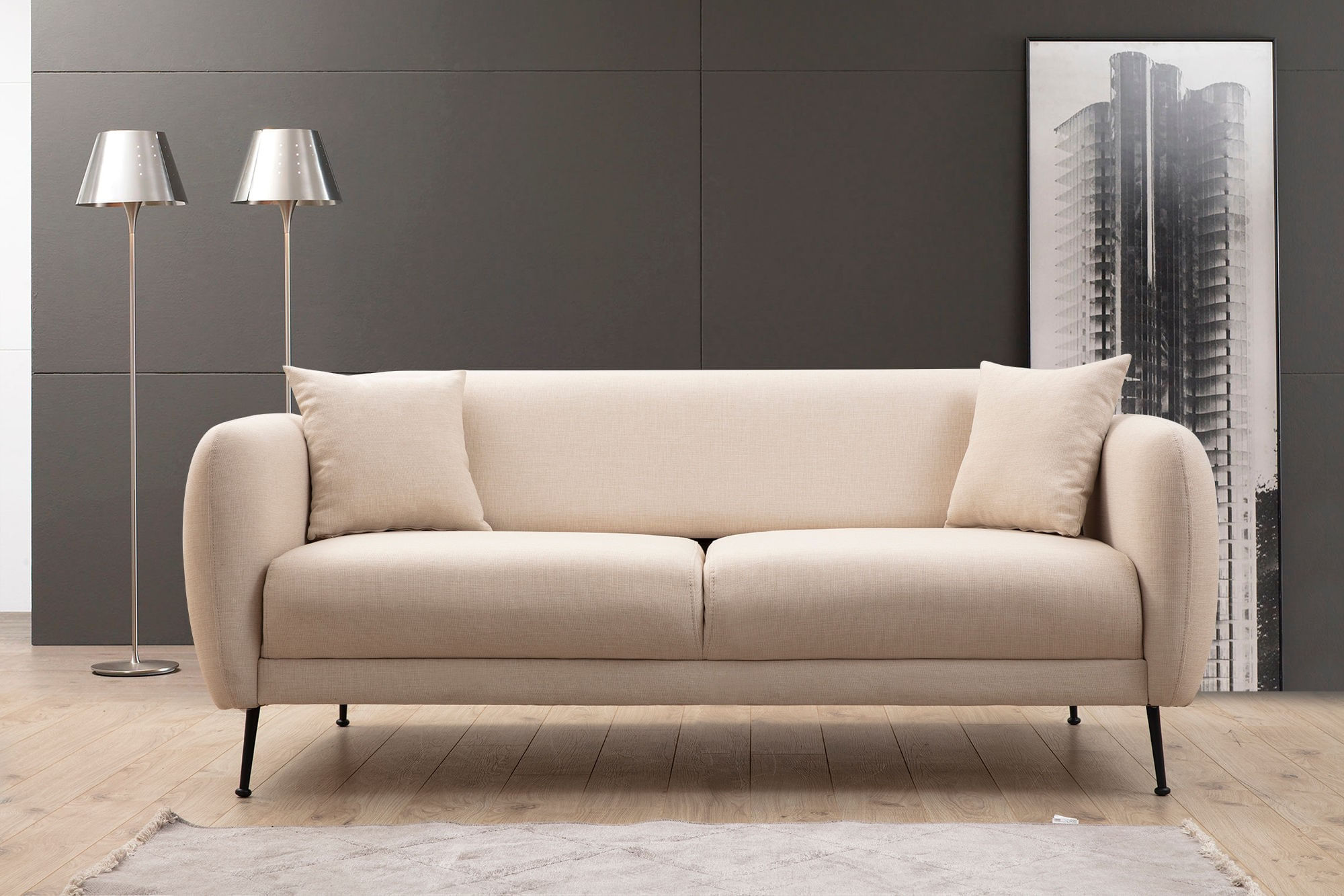 Canapea extensibila 3 locuri, Hanah Home, lemn fag si PAL, bej, 214x98x85 cm — imaginea 2