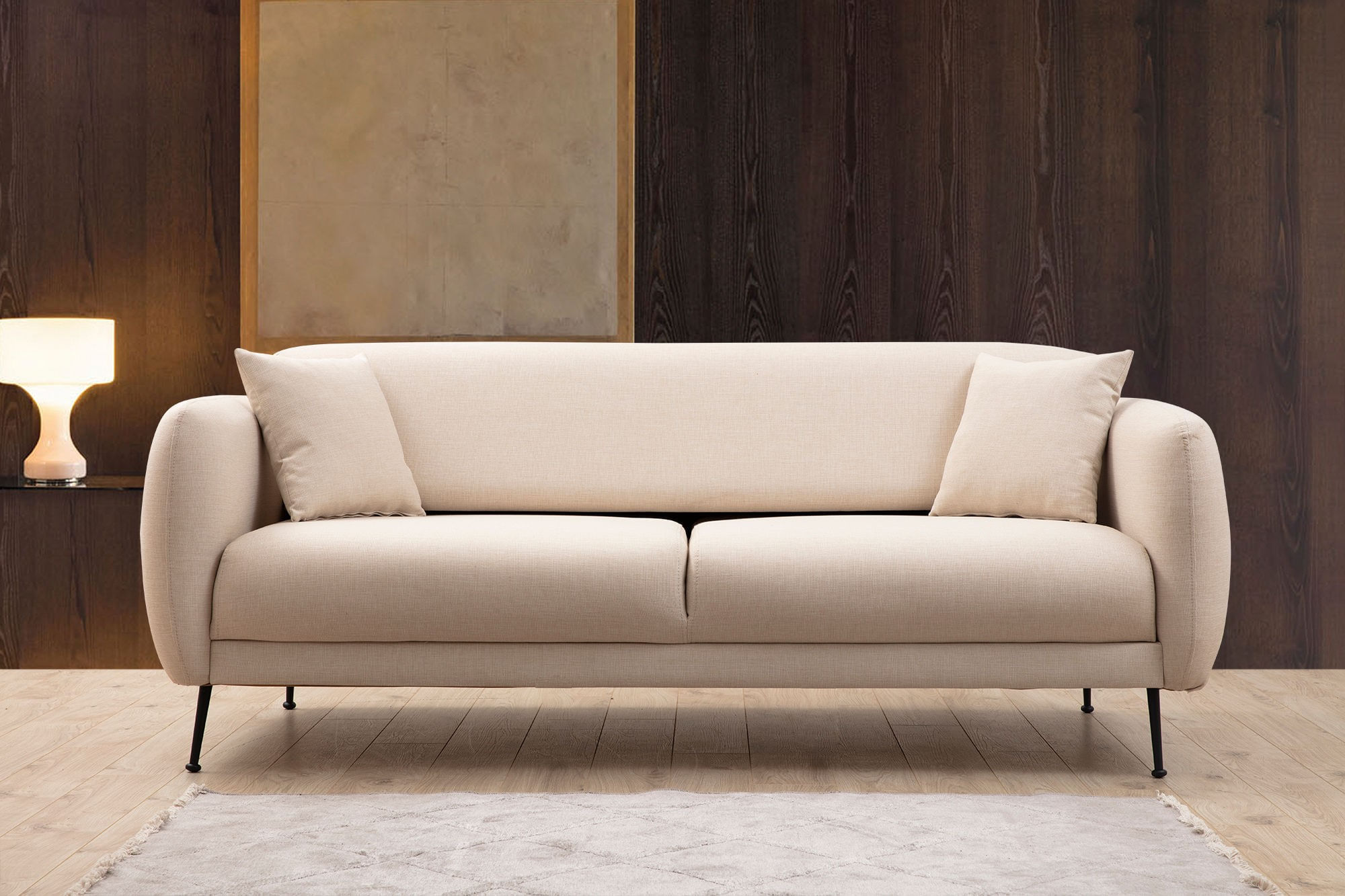 Canapea extensibila 3 locuri, Hanah Home, lemn fag si PAL, bej, 214x98x85 cm — imaginea 3