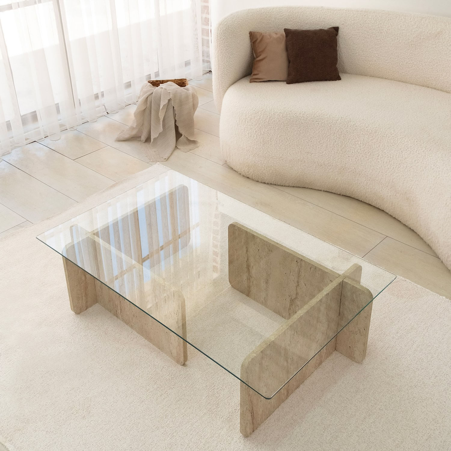 Masa de cafea, Hanah Home, sticla si PAL melaminat, travertin, 105x65x30 cm — imaginea 3