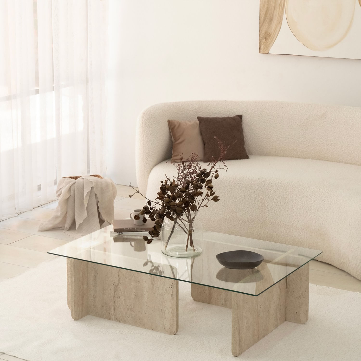 Masa de cafea, Hanah Home, sticla si PAL melaminat, travertin, 105x65x30 cm — imaginea 4