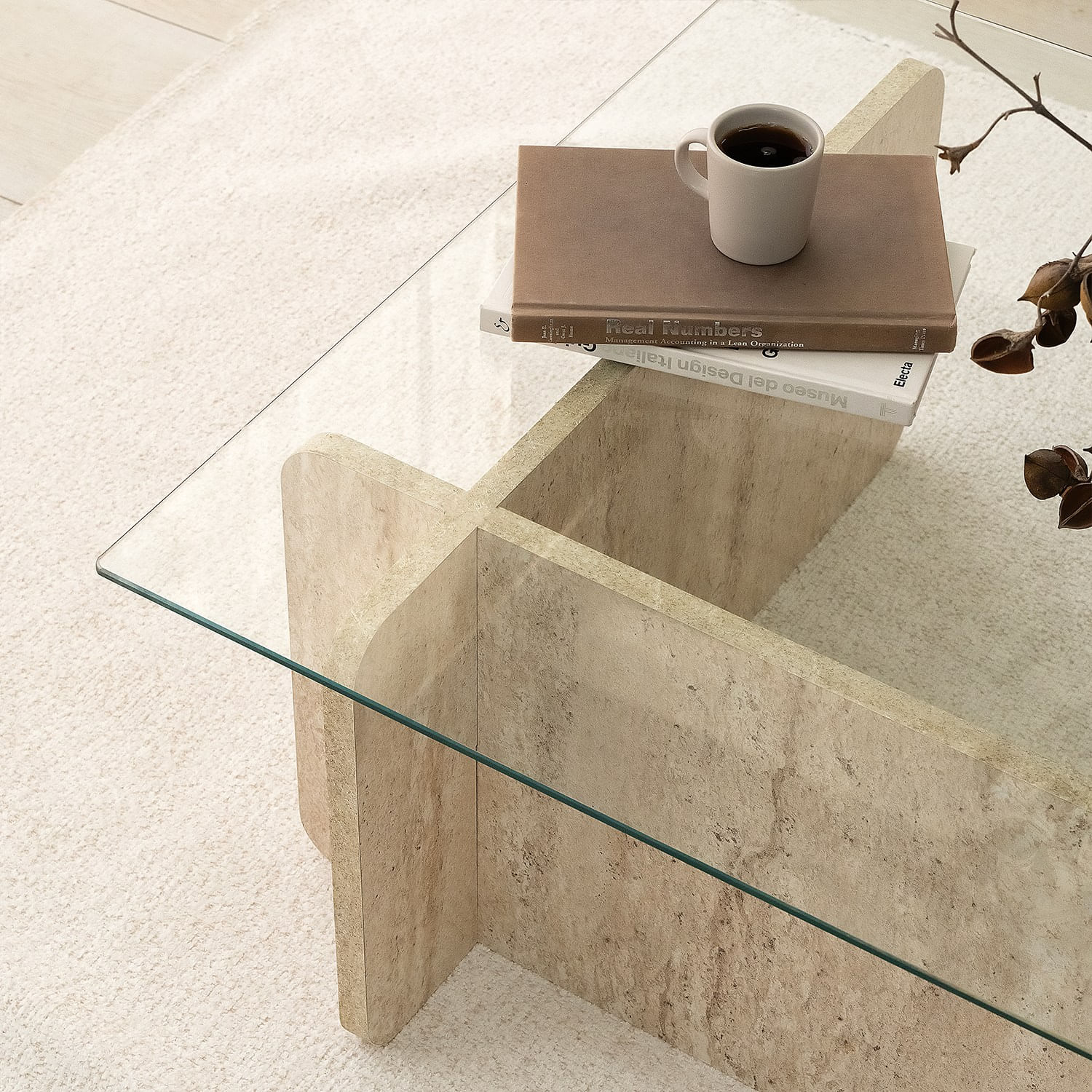 Masa de cafea, Hanah Home, sticla si PAL melaminat, travertin, 105x65x30 cm — imaginea 7