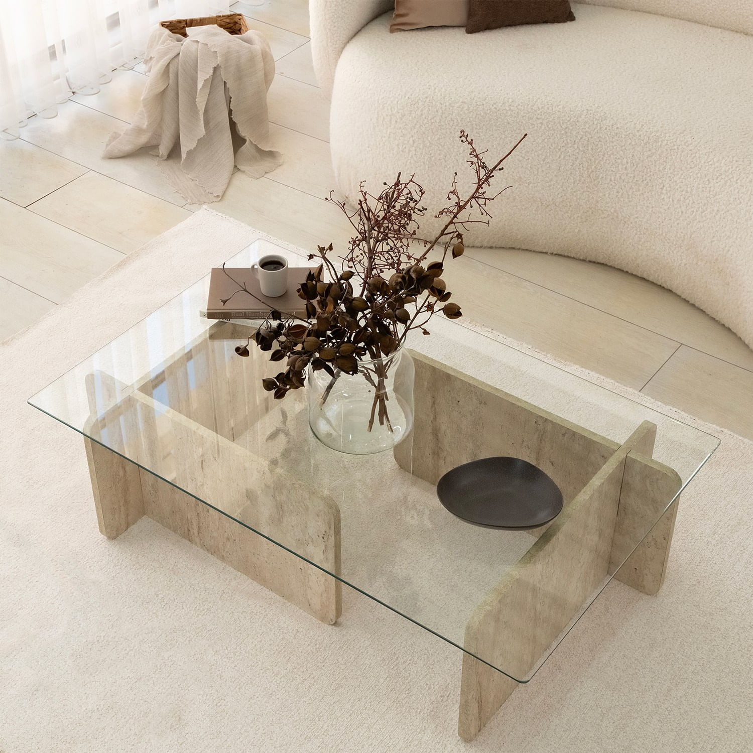 Masa de cafea, Hanah Home, sticla si PAL melaminat, travertin, 105x65x30 cm — imaginea 8