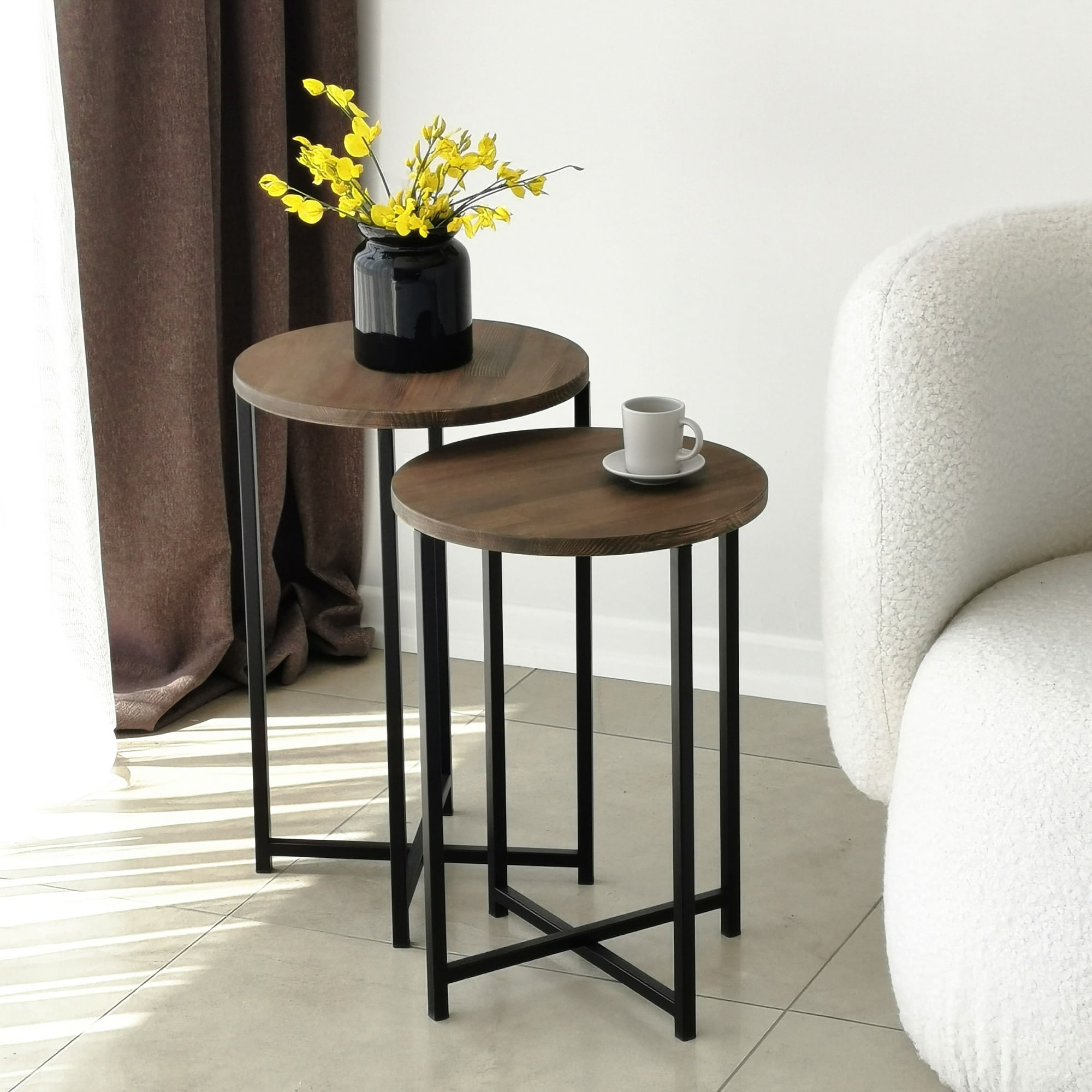 Set masute de cafea, Hanah Home, lemn masiv de pin, nuc, 35x35x55 cm — imaginea 3