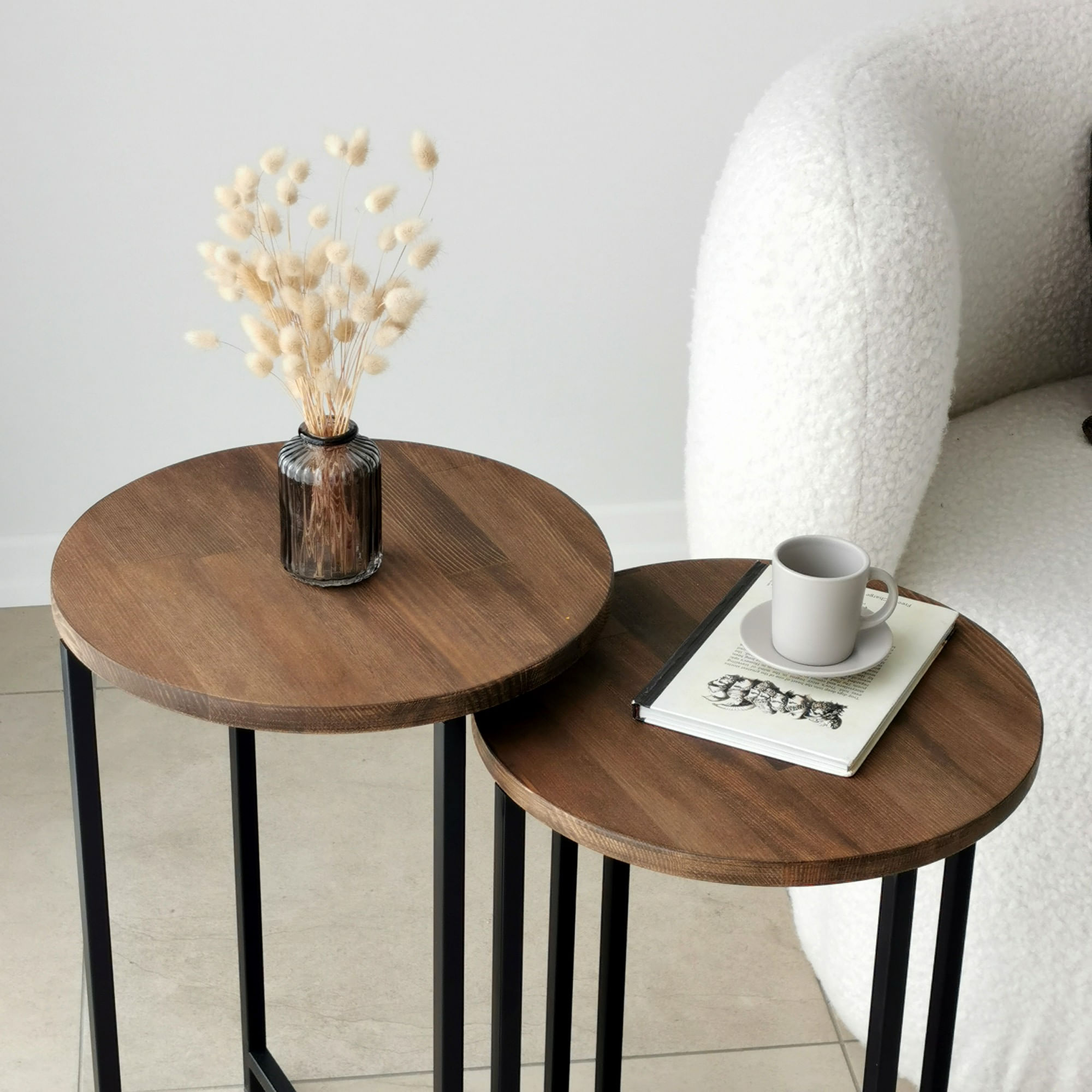 Set masute de cafea, Hanah Home, lemn masiv de pin, nuc, 35x35x55 cm — imaginea 4