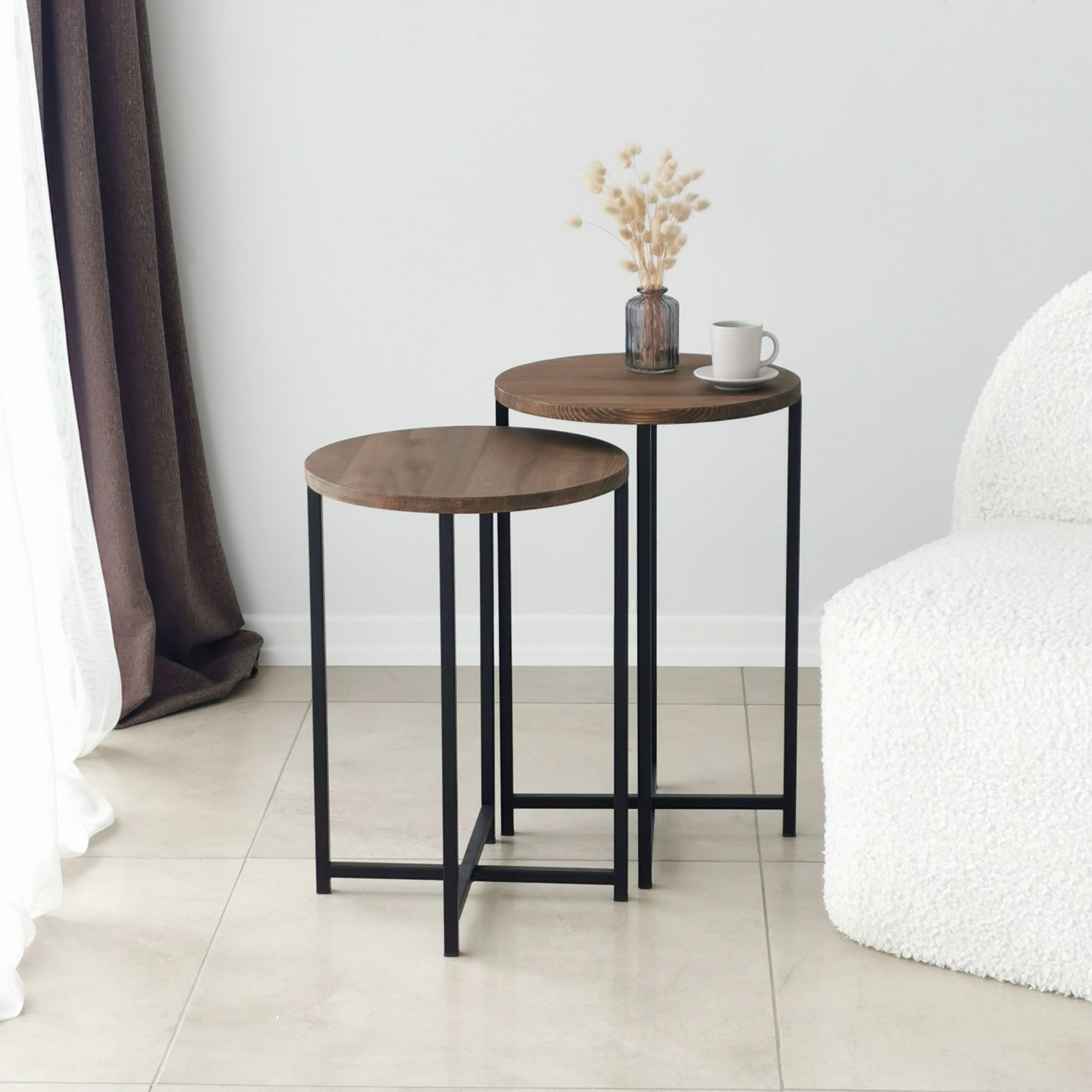Set masute de cafea, Hanah Home, lemn masiv de pin, nuc, 35x35x55 cm — imaginea 8