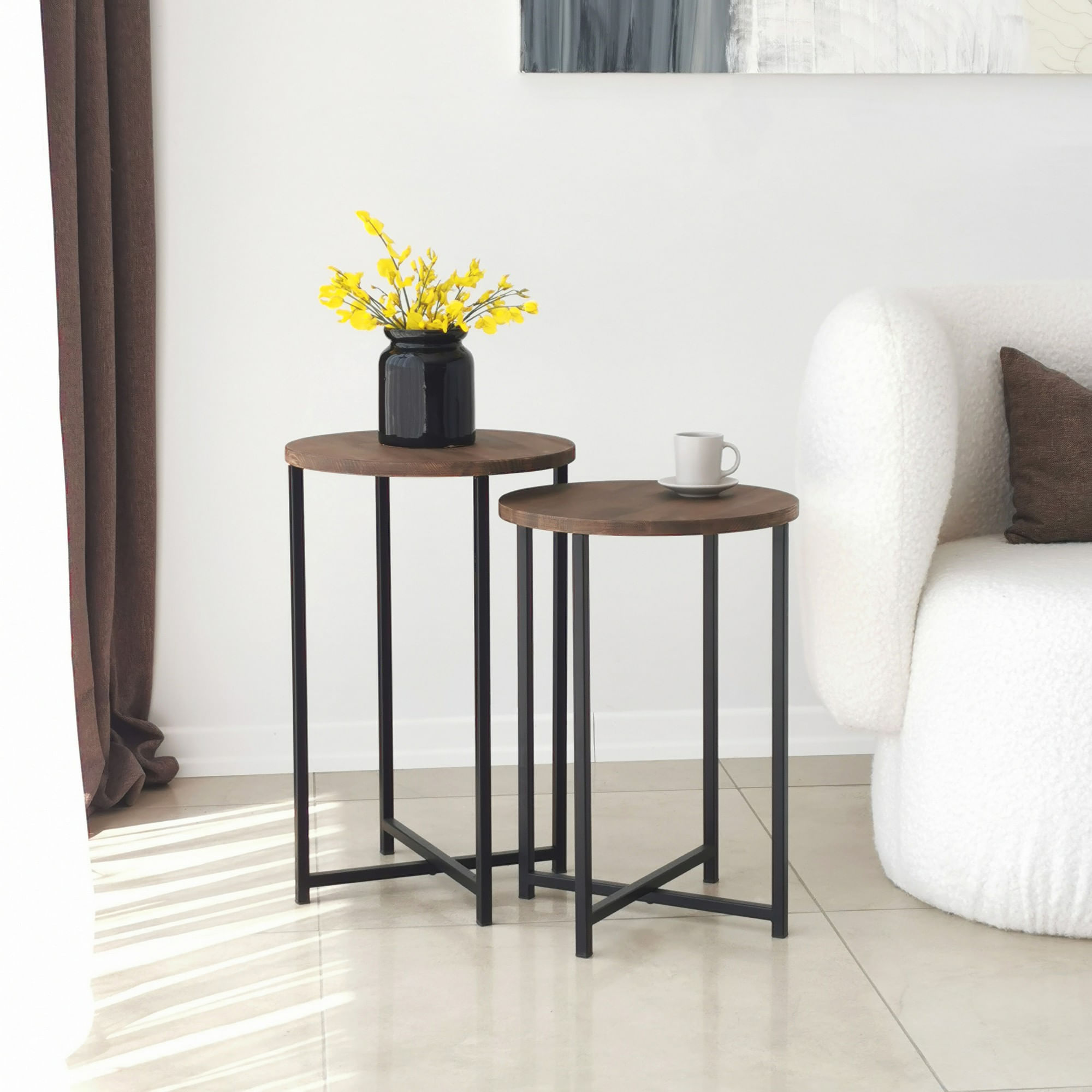 Set masute de cafea, Hanah Home, lemn masiv de pin, nuc, 35x35x55 cm — imaginea 9