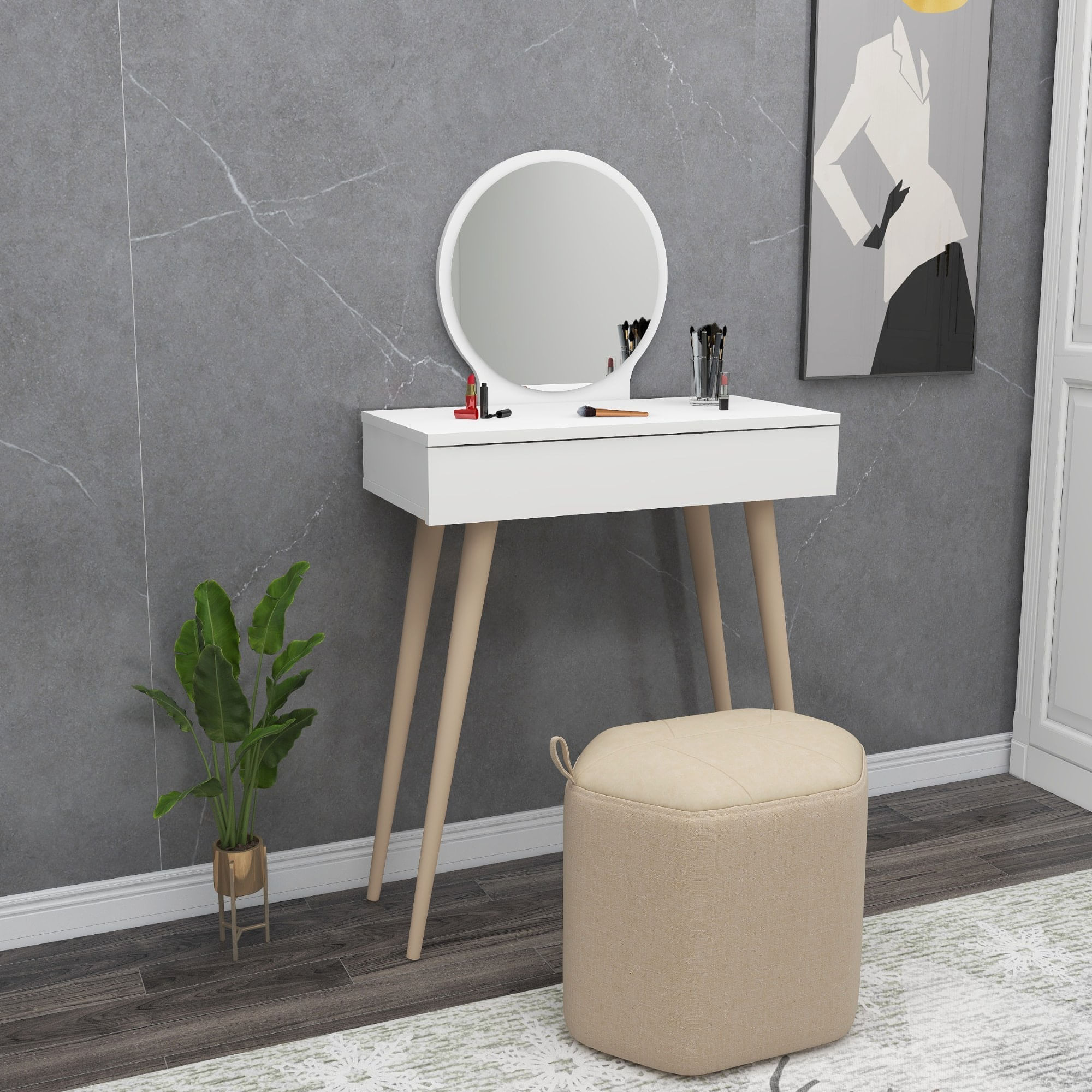 Masa de machiaj, Hanah Home, pal melaminat, alb, 129.2x72x35 cm — imaginea 2