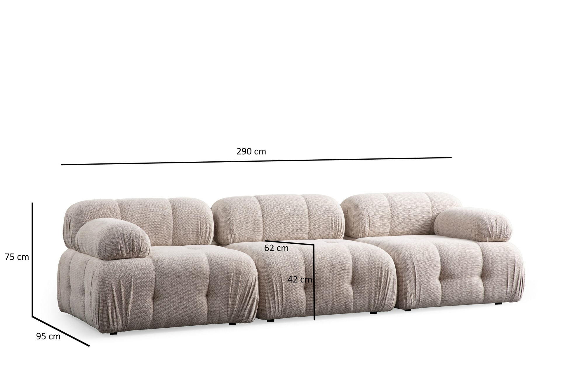 Canapea 3 locuri, Atelier Del Sofa, lemn fag si pal, crem, 290x95x75 cm — imaginea 3