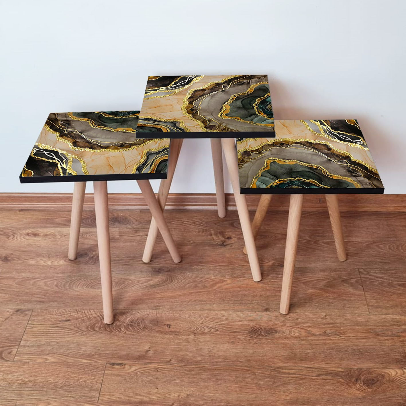 Set masute de cafea, Hanah Home, mdf, multicolor, picioare lemn fag, 35x35x52 cm, 481LNA2841