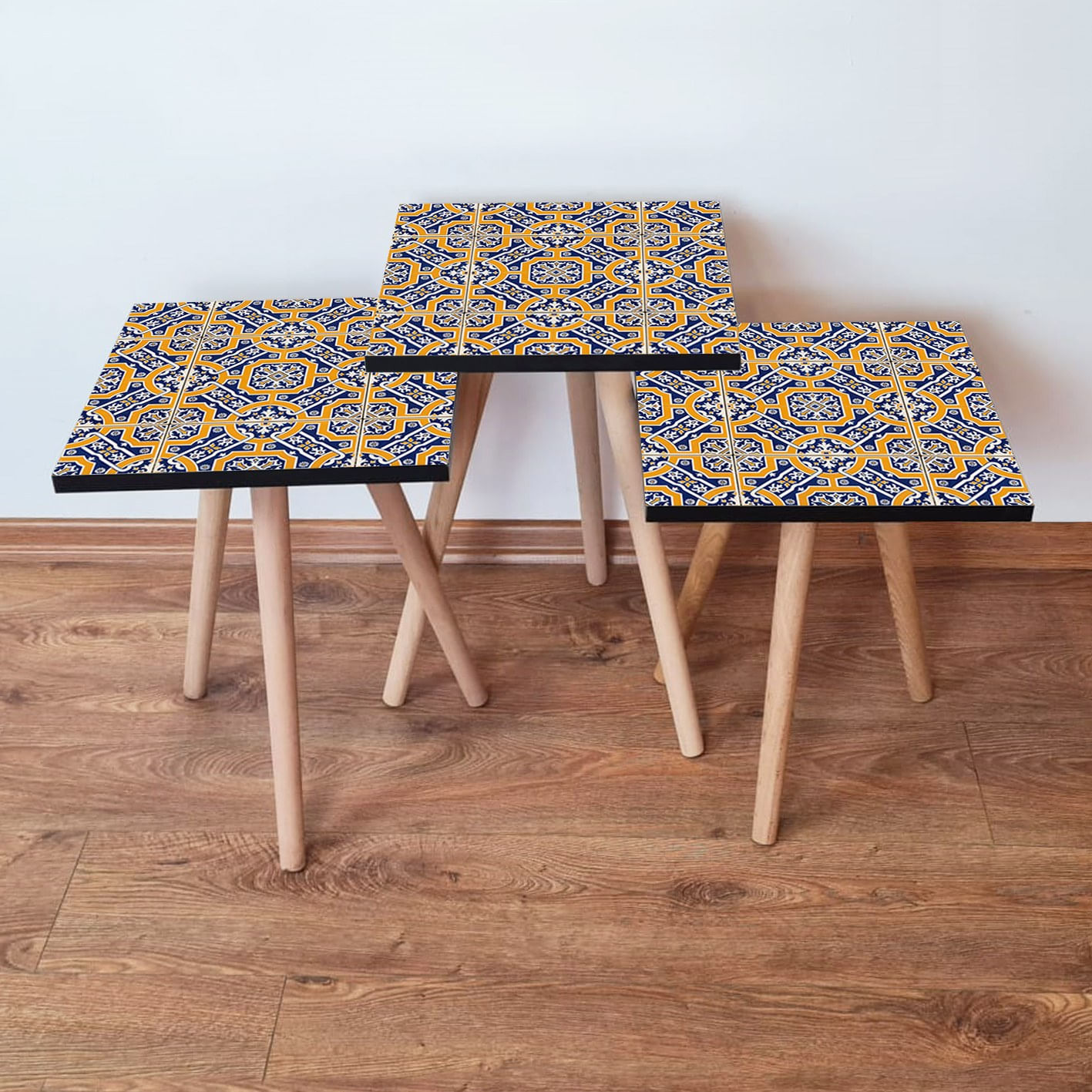 Set masute de cafea, Hanah Home, mdf, albastru marin portocaliu alb, 35x35x52 cm