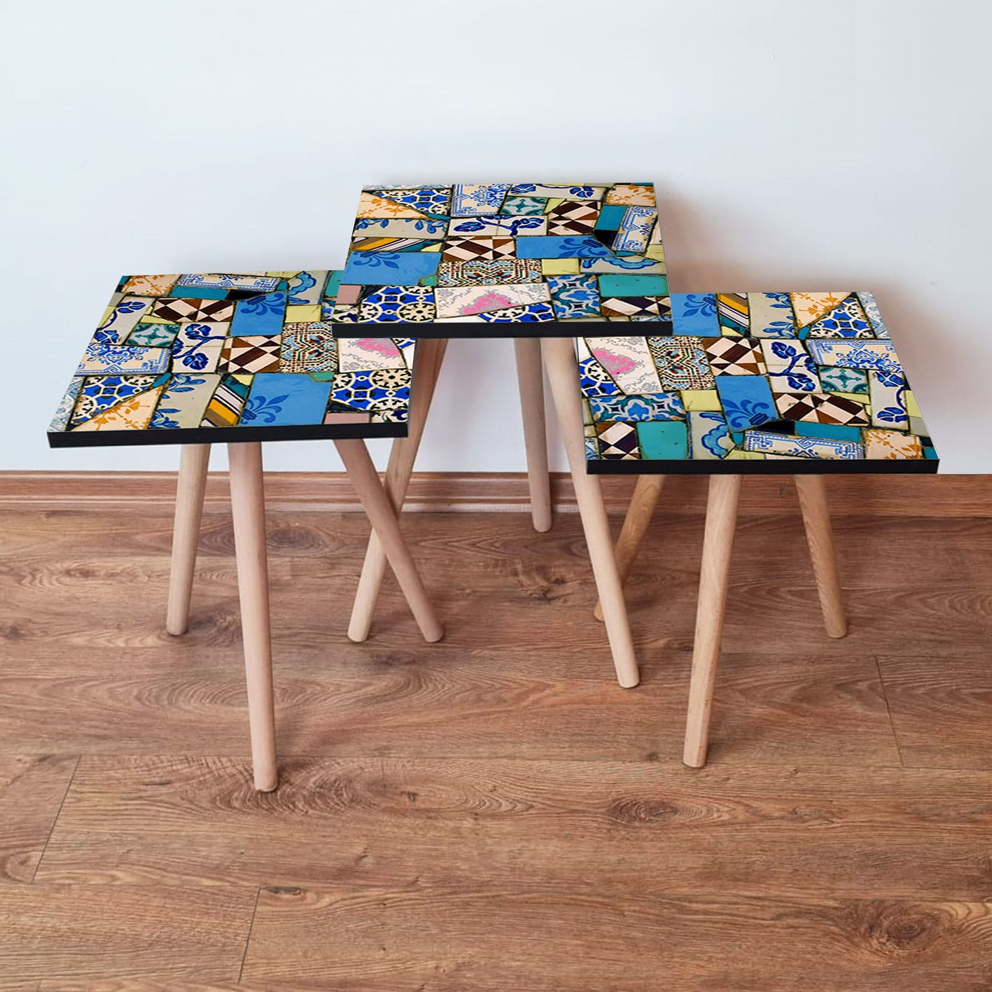 Set masute de cafea, Hanah Home, mdf, multicolor, picioare lemn fag, 35x35x52 cm, 481LNA2874