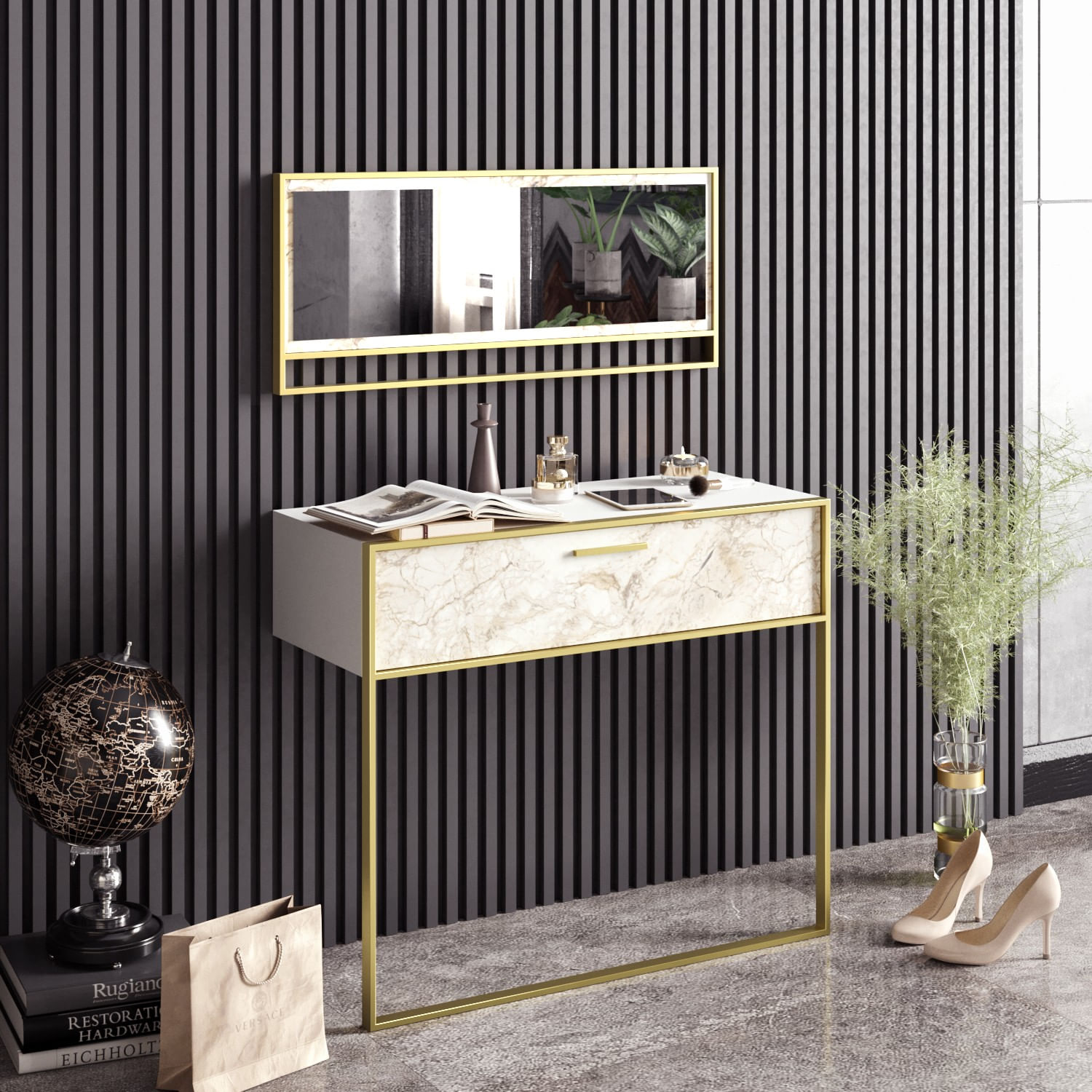 Consola, Hanah Home, panou aglomerat melaminat, alb auriu, 90x38.5x76.8 cm — imaginea 5