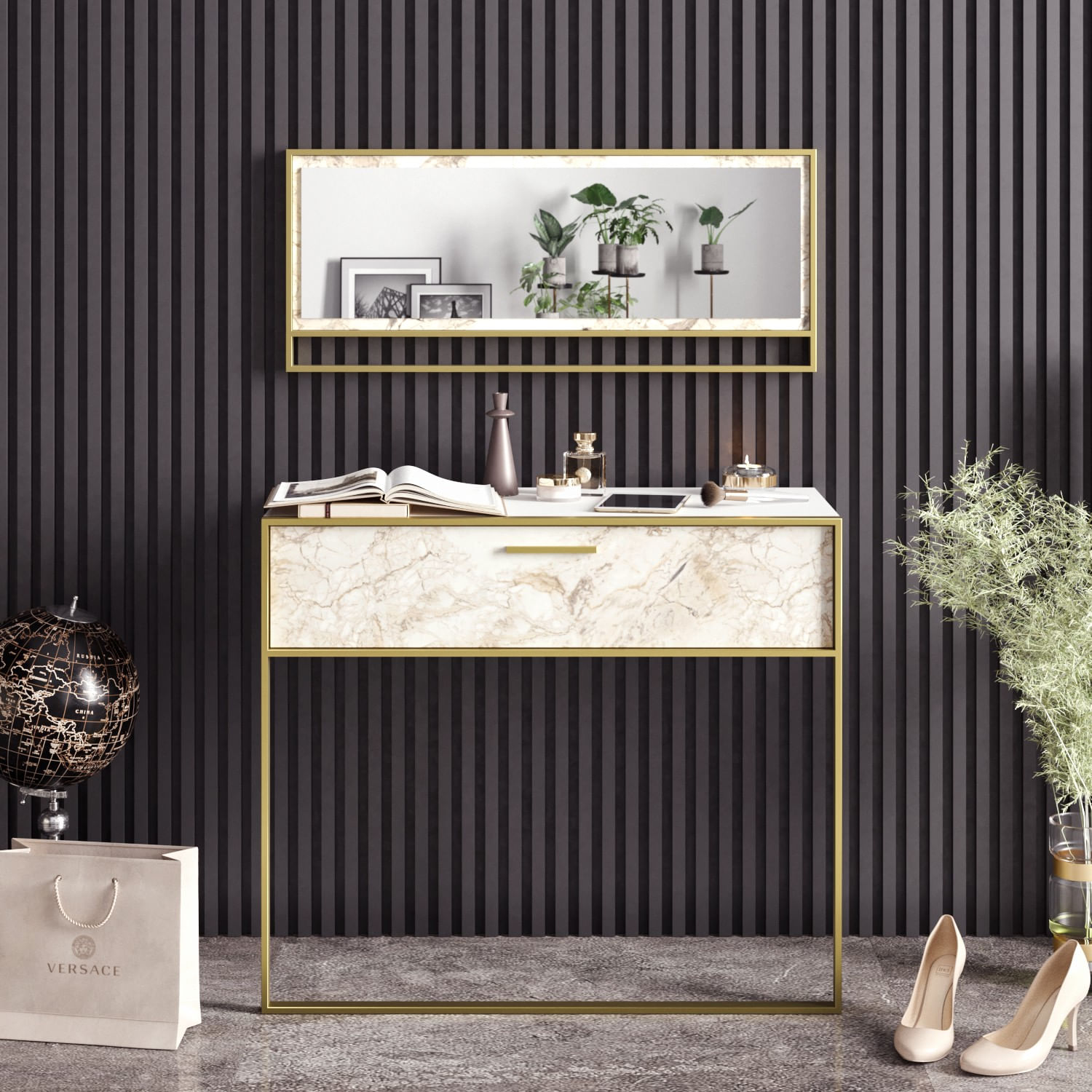 Consola, Hanah Home, panou aglomerat melaminat, alb auriu, 90x38.5x76.8 cm — imaginea 6