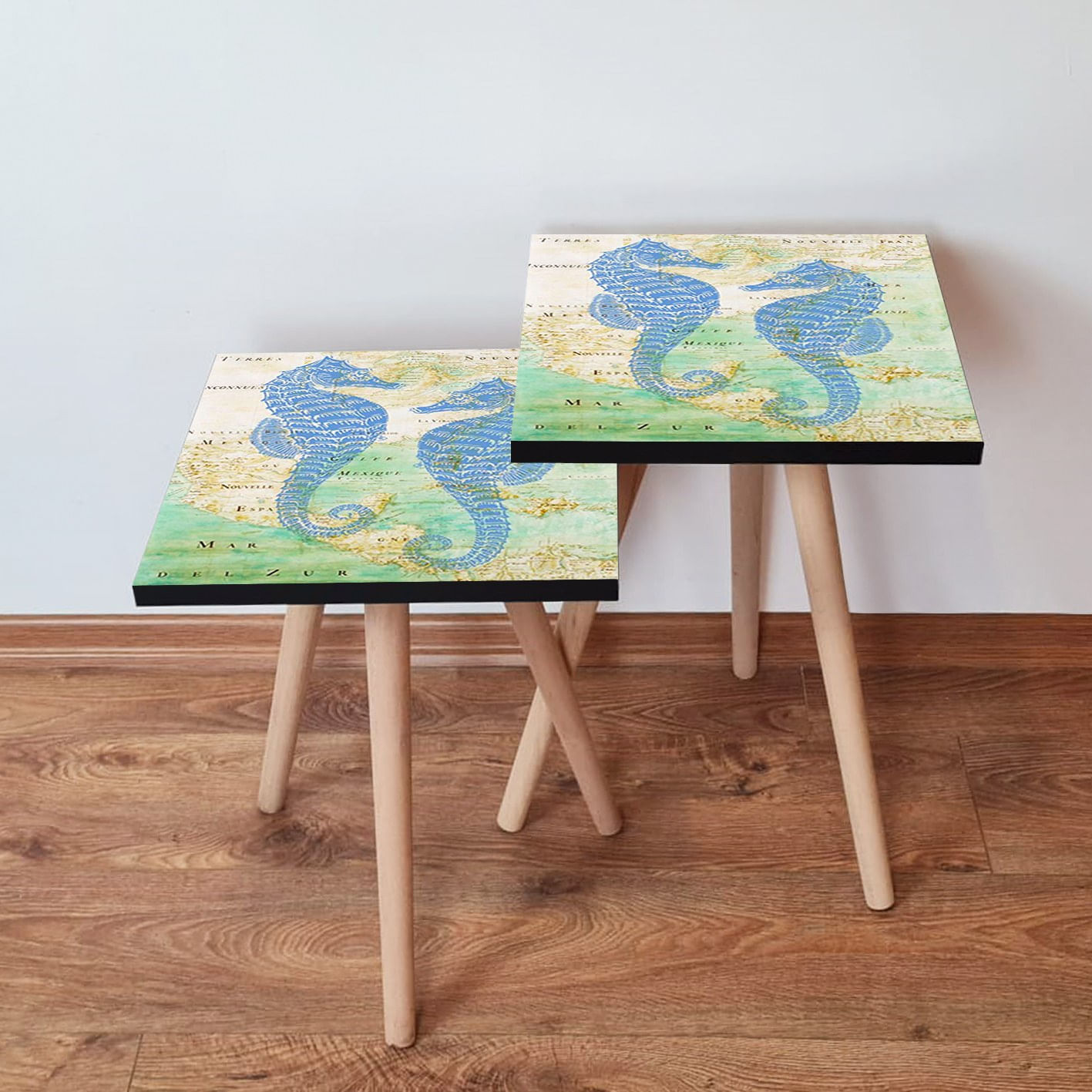 Set masute de cafea, Hanah Home, mdf, albastru marin verde bej, 35x35x47 cm, 481LNA2554