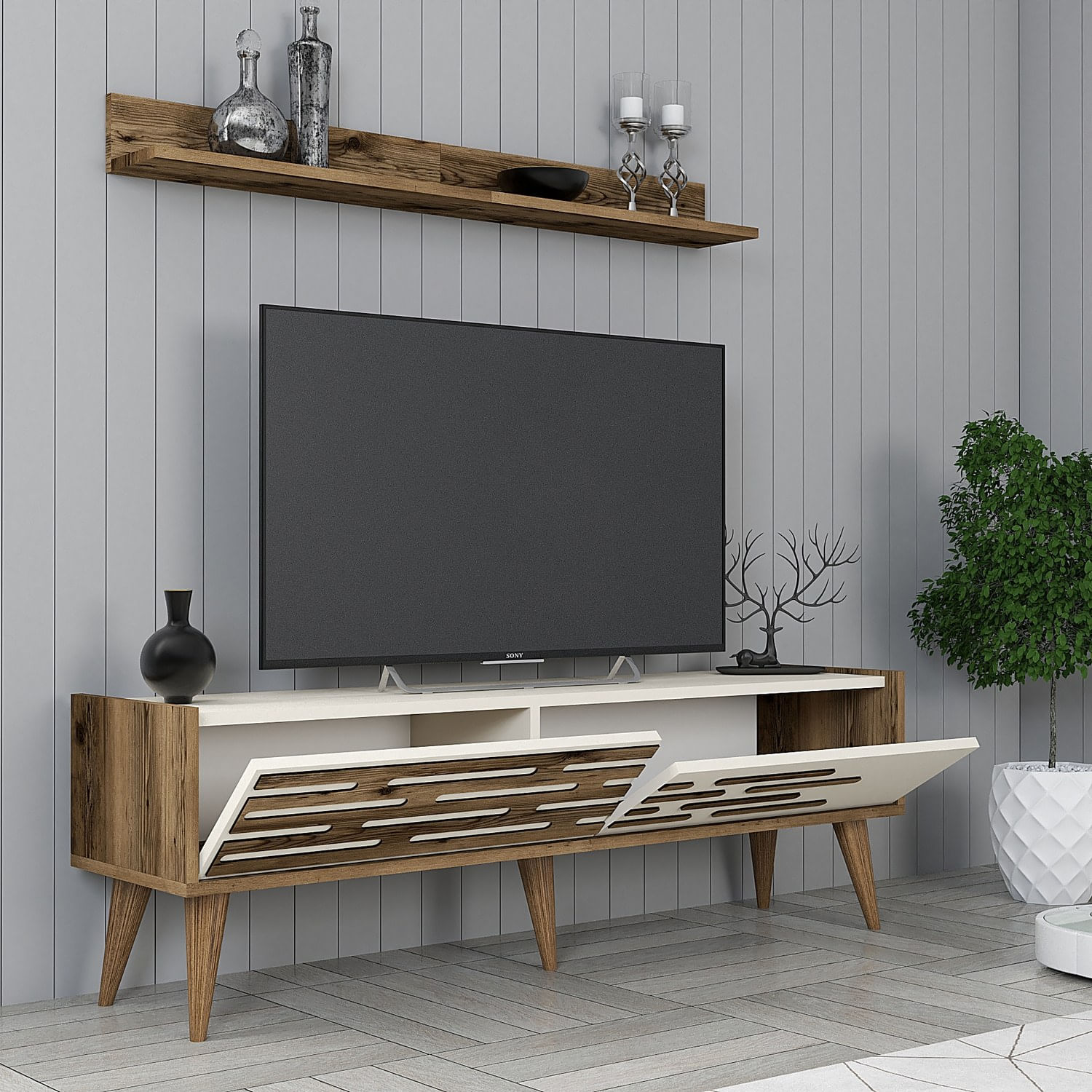 Comoda tv, Hanah Home, pal melaminat, nuc si crem, 140x35x45 cm — imaginea 5