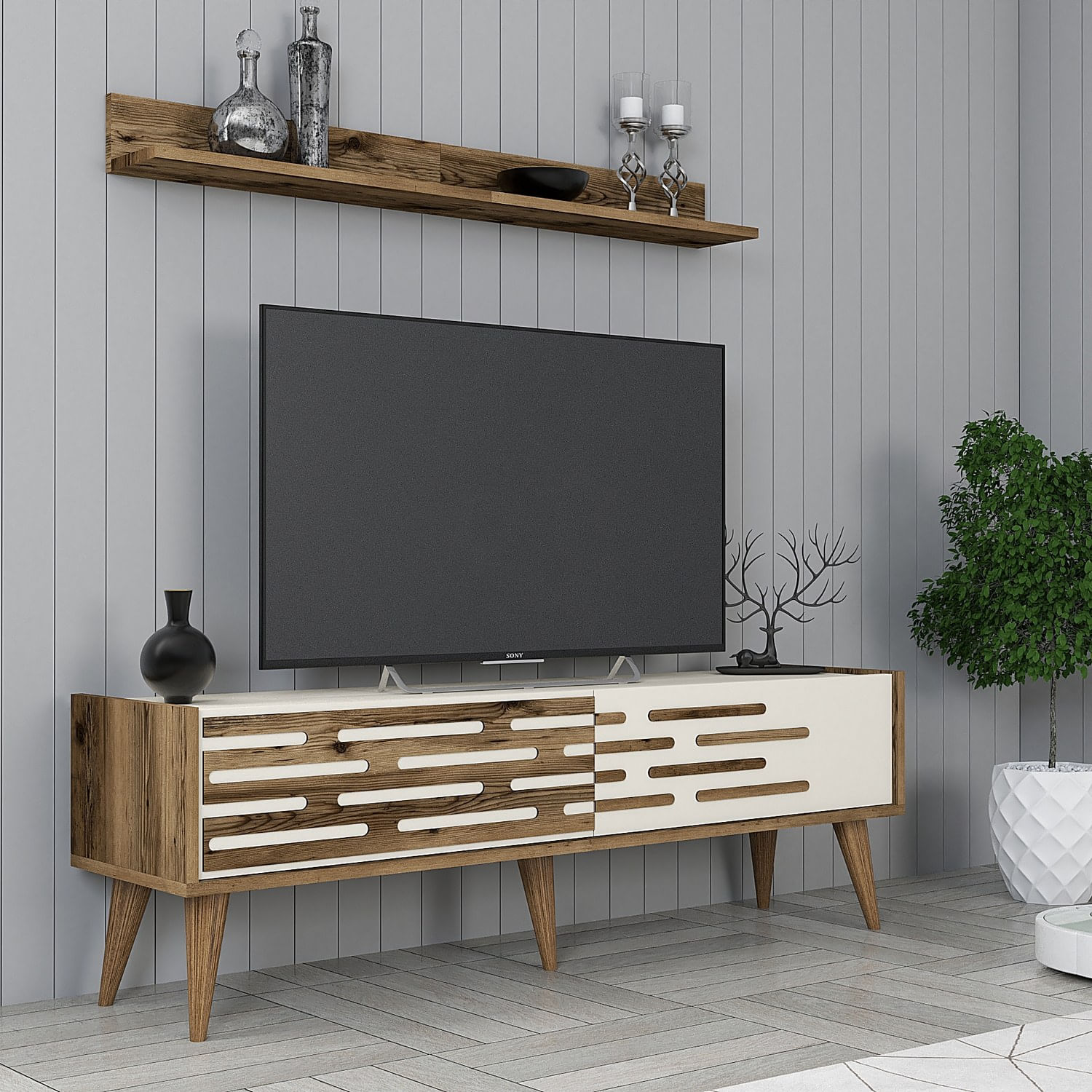 Comoda tv, Hanah Home, pal melaminat, nuc si crem, 140x35x45 cm — imaginea 6